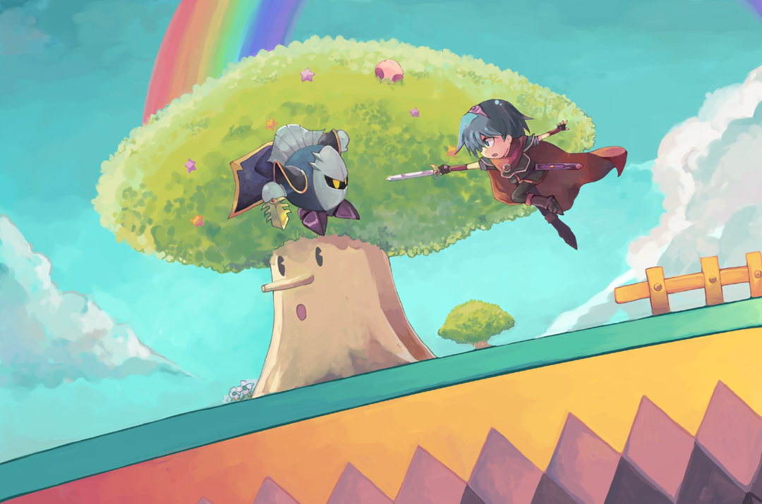 milcoco, kirby, marth (fire emblem), meta knight, whispy woods, fire emblem, fire emblem: mystery of the emblem, kirby (series), nintendo, super smash bros., bad id, bad pixiv id, alternate color, alternate costume, battle, blue eyes, blue hair, cape, fence, galaxia (sword), gloves, mask, rainbow, sword, tiara, weapon, yellow eyes