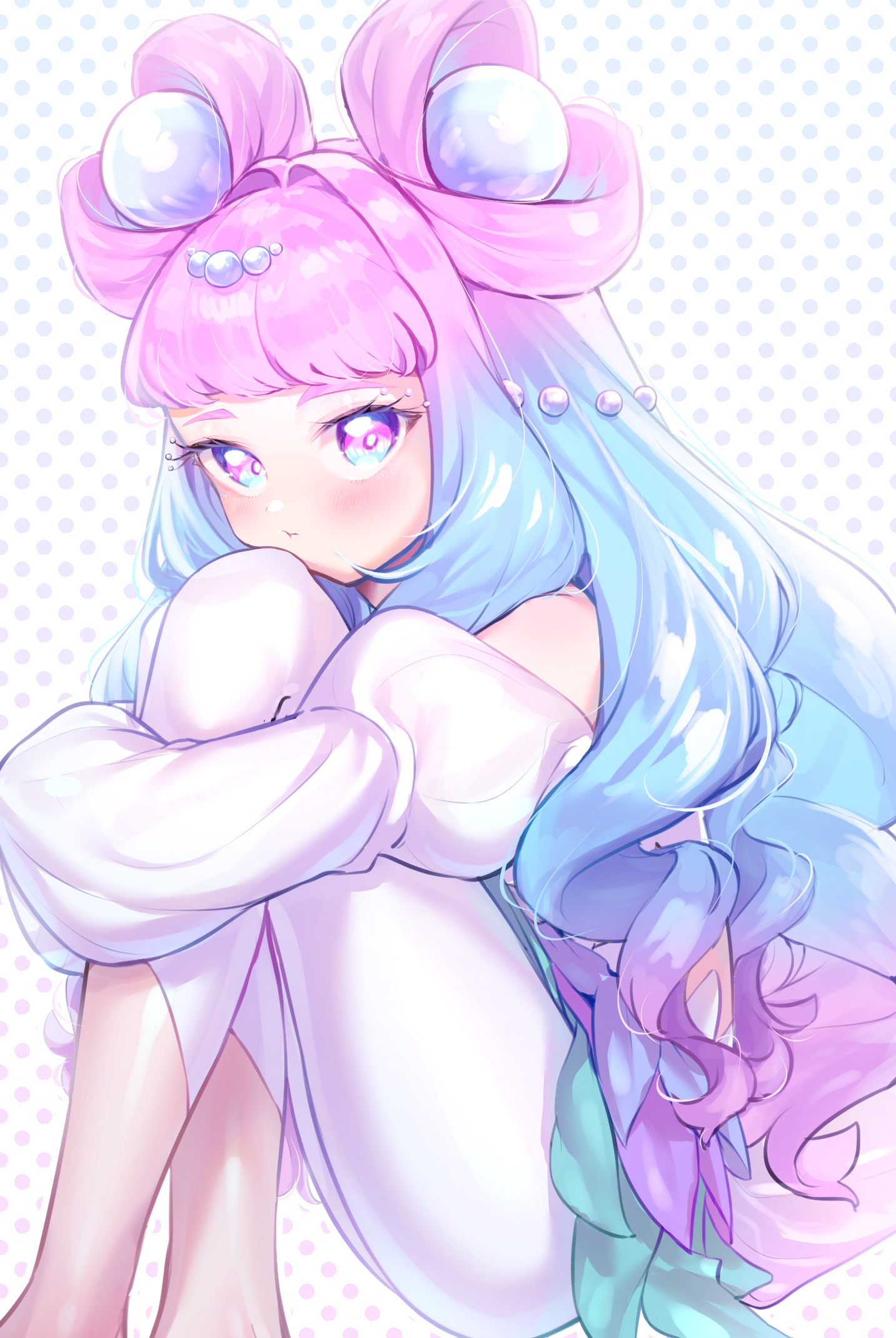 nekono moni, cure la mer, laura la mer, precure, tropical-rouge! precure, highres, 1girl, aqua eyes, aqua hair, blush, closed mouth, feet out of frame, gradient eyes, gradient hair, hair ornament, jewelry, layered skirt, long hair, long sleeves, looking at viewer, multicolored eyes, multicolored hair, pantyhose, pearl hair ornament, pink eyes, pink hair, pout, sitting, skirt, solo, very long hair, white pantyhose