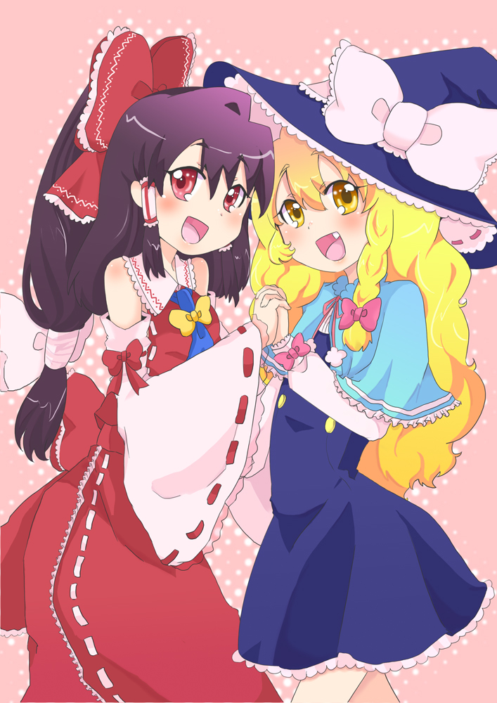 kamiya zuzu, hakurei reimu, kirisame marisa, touhou, bad id, bad pixiv id, 2girls, :d, blonde hair, bow, brown hair, detached sleeves, fang, female focus, hair bow, hat, holding hands, japanese clothes, long hair, miko, multiple girls, open mouth, red eyes, smile, witch, witch hat, yellow eyes