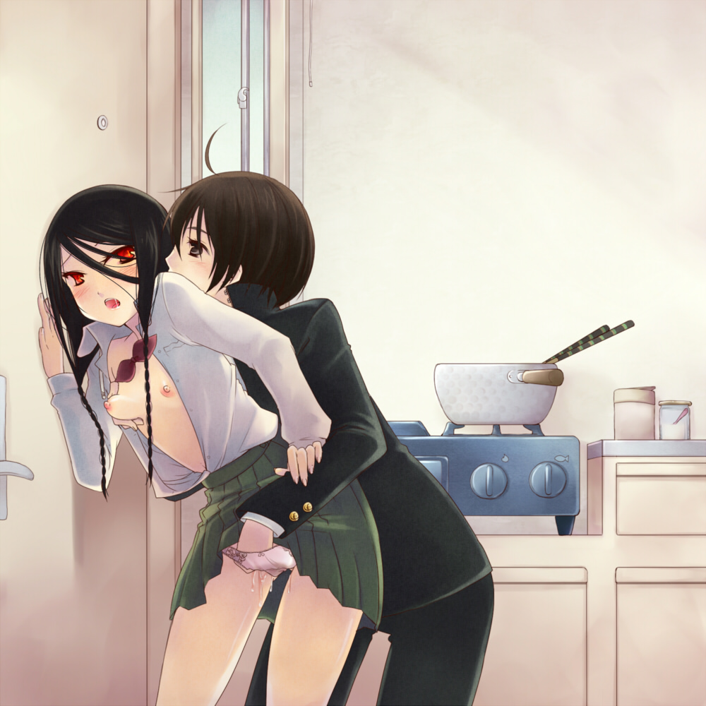 toriumi itachi, original, bad id, bad pixiv id, 1boy, 1girl, against wall, ahoge, black hair, blush, braid, breasts, breasts squeezed together, brown eyes, brown hair, cooking pot, fingering, flat chest, from behind, gakuran, grabbing another's breast, groping, hand in panties, hetero, kitchen, leaning forward, long hair, open clothes, open shirt, panties, pussy juice, red eyes, school uniform, shirt, short hair, stove, twin braids, underwear, wet, wet clothes, wet panties