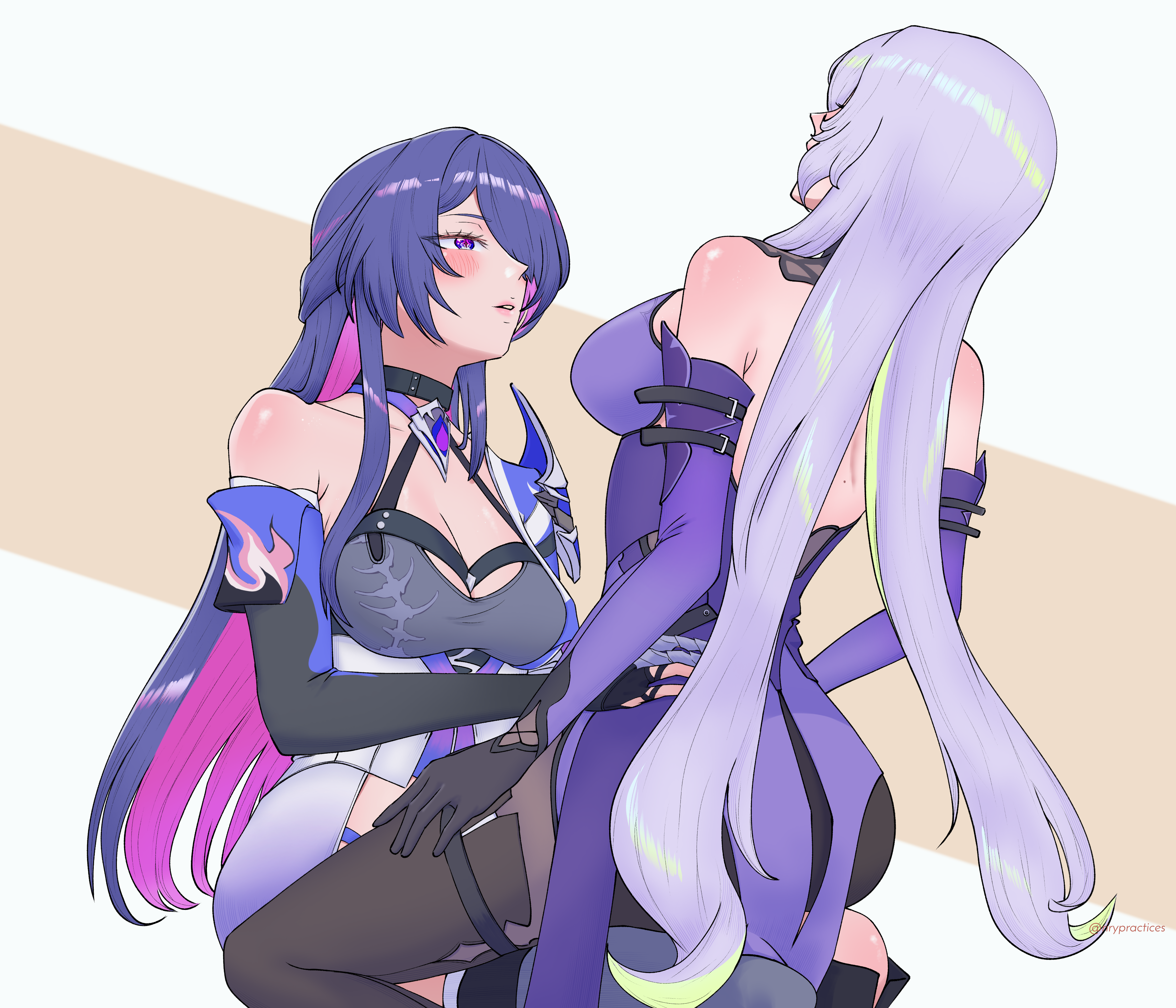 rirypractices, acheron (honkai: star rail), black swan (honkai: star rail), honkai: star rail, honkai (series), absurdres, commentary request, highres, 2girls, bare shoulders, black gloves, black pantyhose, breasts, cleavage, colored inner hair, dress, elbow gloves, gloves, large breasts, multicolored hair, multiple girls, pantyhose, purple dress, purple eyes, purple hair, sitting, sitting on lap, sitting on person, two-tone background, white background, yellow background, yuri