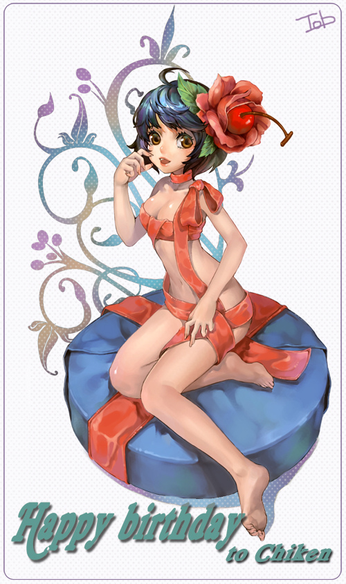 tob, original, barefoot, black hair, cherry, feet, flower, food, fruit, gift, lace, legs, lips, naked ribbon, ribbon, short hair, solo