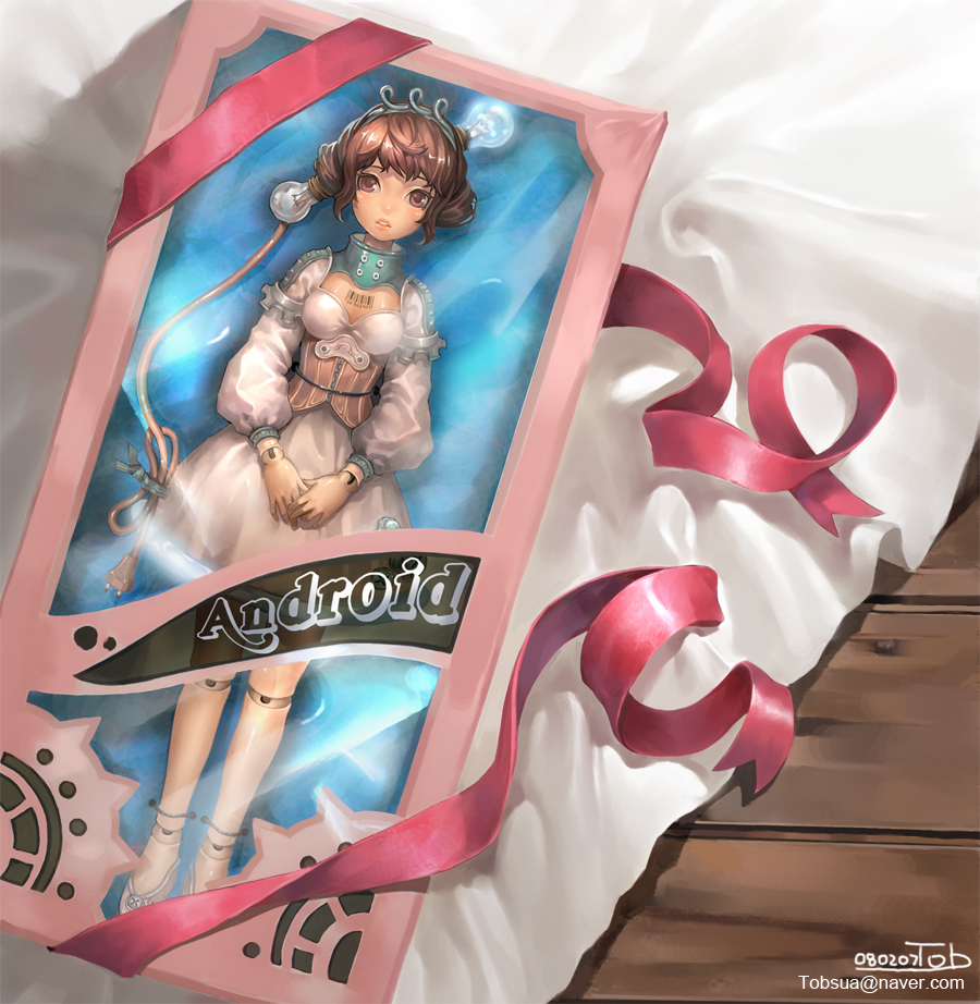tob, original, 1girl, box, brown hair, corset, doll joints, dress, female focus, joints, lace, light bulb, lips, short hair, solo, toy, white dress