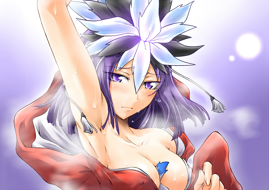 segami daisuke, kuzuryuu amane, devil survivor (series), devil survivor 1, 1girl, arm up, armpits, bare shoulders, between breasts, blush, breasts, cleavage, collarbone, female focus, fingernails, headdress, hood, hoodie, purple eyes, purple hair, short hair, smell, solo, sweat, upper body, wet