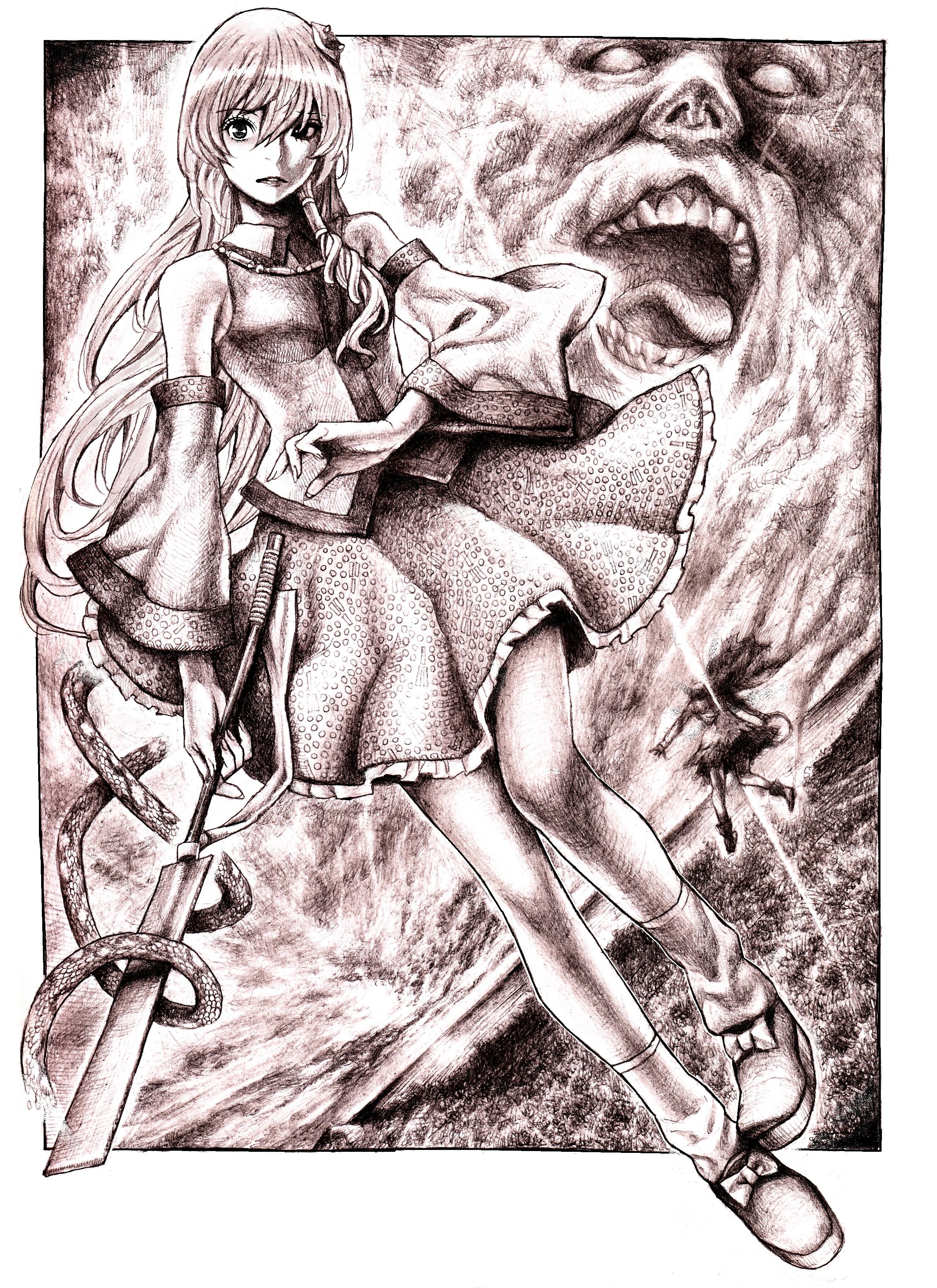 nobita (makoto7060355), kochiya sanae, kumoi ichirin, unzan, touhou, absurdres, highres, detached sleeves, hair ornament, hood, monochrome, purple theme, snake