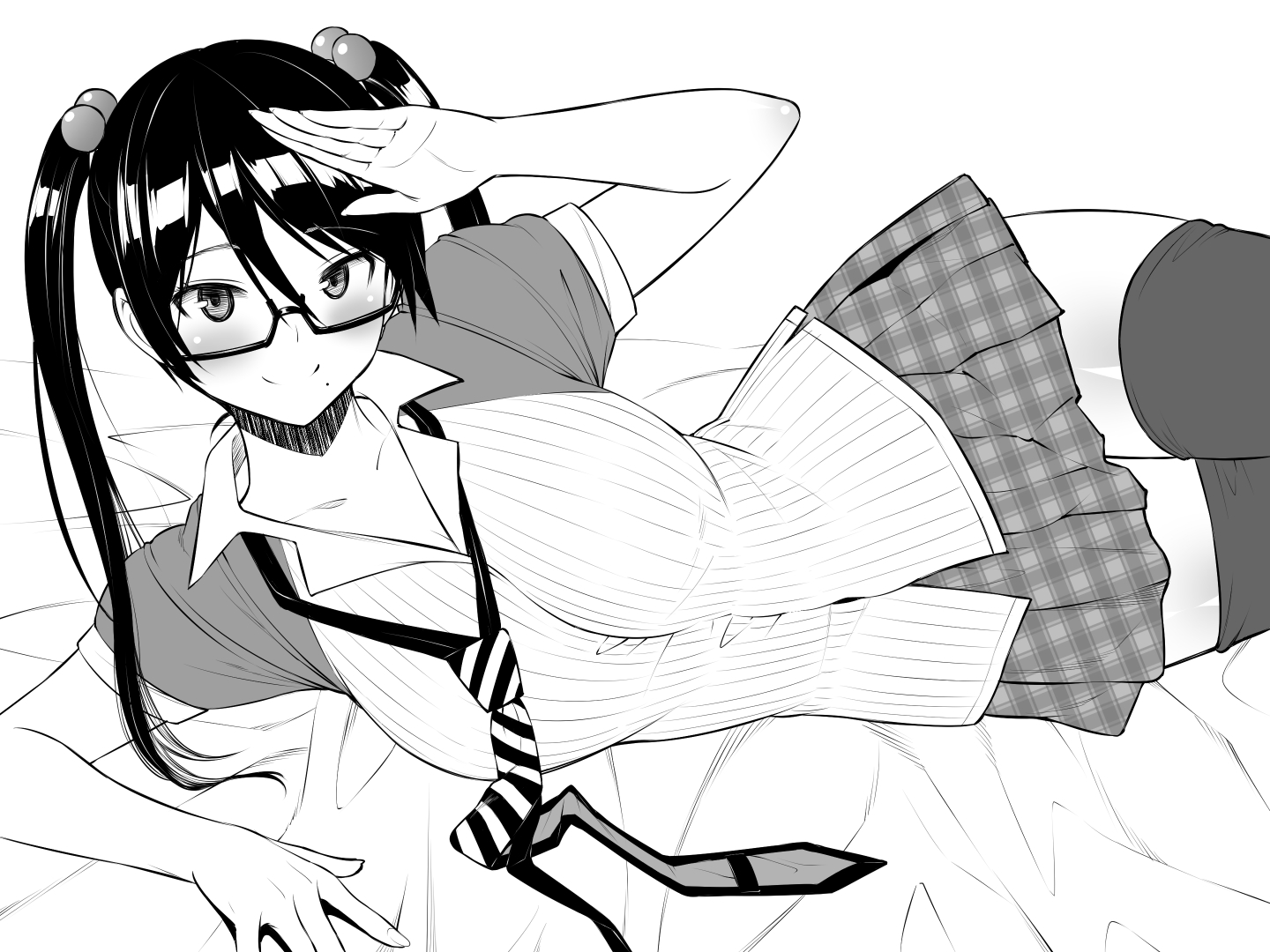 sanagi torajirou, original, 1girl, black eyes, black hair, black thighhighs, breasts, closed mouth, greyscale, medium breasts, mole, mole under mouth, monochrome, necktie, plaid clothes, plaid skirt, semi-rimless eyewear, short sleeves, skirt, smile, solo, thighhighs, twintails, unmoving pattern