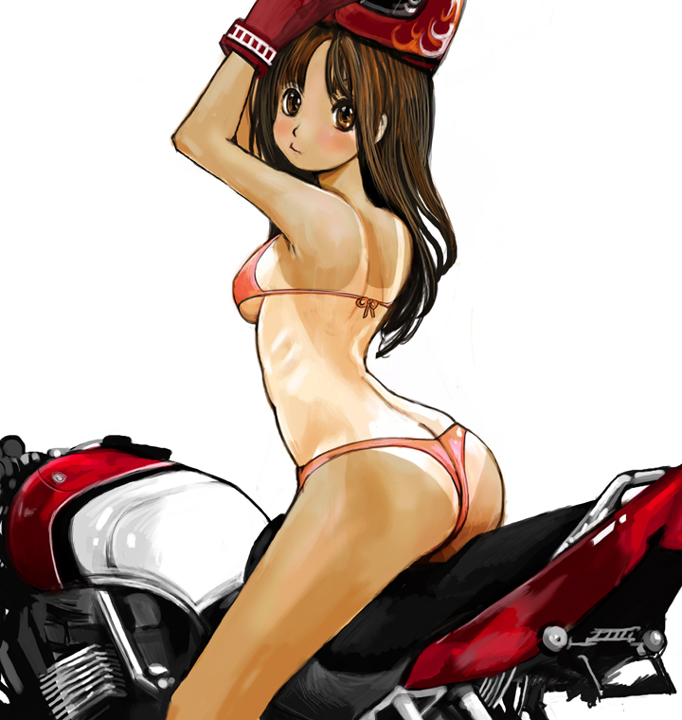 kazaana, original, vehicle, 1girl, armpits, arms up, ass, bikini, breasts, brown eyes, brown hair, butt crack, female focus, from side, gloves, helmet, long hair, motor vehicle, motorcycle, one-piece tan, red bikini, ribs, simple background, sitting, solo, swimsuit, tan, tanline, underboob, white background