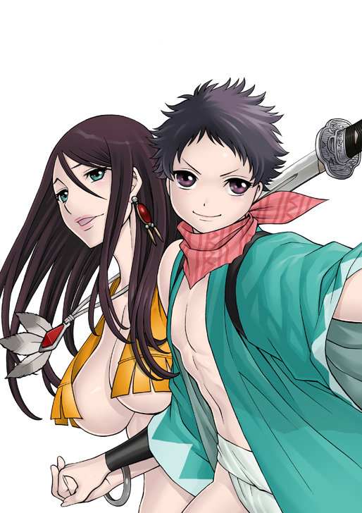 tamaki nozomu, hijikata hyou, himeka (himegami), hakodate youjin buraichou himegami, gender request, 2girls, androgynous, black hair, blue eyes, breasts, earrings, fundoshi, genderswap, holding hands, japanese clothes, jewelry, large breasts, long hair, multiple girls, necklace, no bra, purple eyes, scarf, shinsengumi, short hair, smile, sword, underboob, weapon