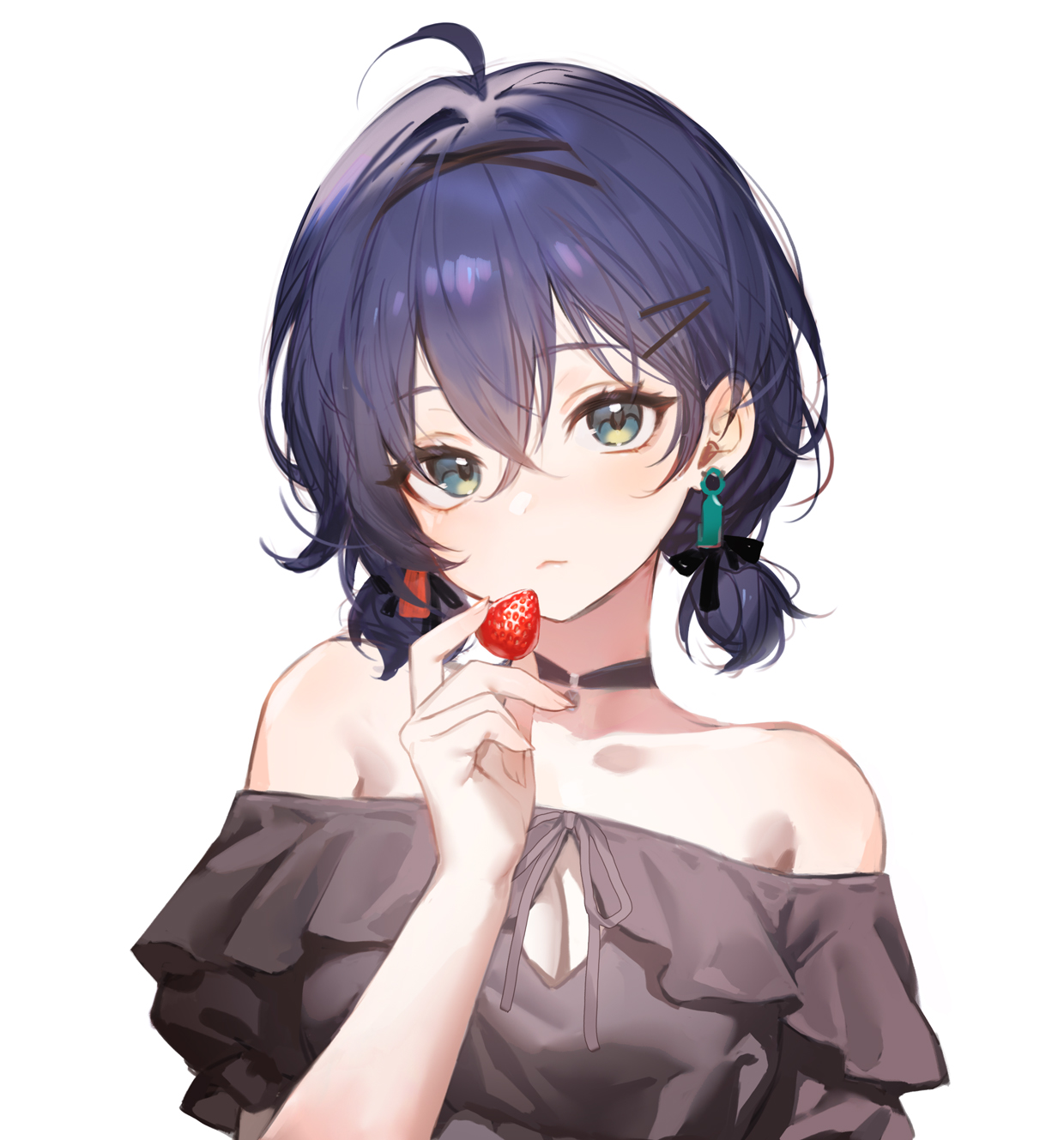 adelie cat, belle (zenless zone zero), zenless zone zero, commentary, highres, symbol-only commentary, 1girl, ahoge, alternate costume, alternate hairstyle, bare shoulders, blue hair, closed mouth, crossed bangs, food, fruit, green eyes, hair between eyes, holding, holding food, holding fruit, looking at viewer, short hair, short twintails, simple background, solo, strawberry, twintails, upper body, white background