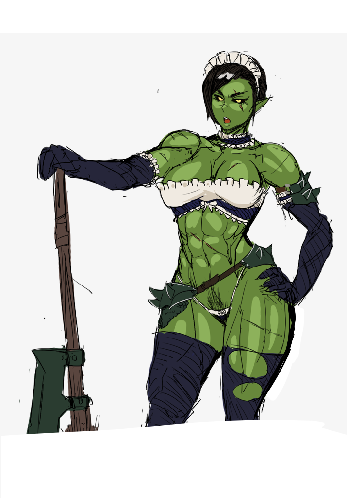 nisetanaka, original, bad id, bad tumblr id, 1girl, abs, axe, bikini, black gloves, black hair, black sclera, black thighhighs, breasts, cleavage, colored sclera, elbow gloves, female orc, female pubic hair, gloves, grey background, hand on own hip, holding, holding axe, large breasts, looking at viewer, maid, maid bikini, maid headdress, muscular, muscular female, navel, open mouth, orc, pointy ears, pubic hair, short hair, solo, swimsuit, thighhighs, torn clothes, torn thighhighs, two-tone background, unconventional maid, white background, yellow eyes