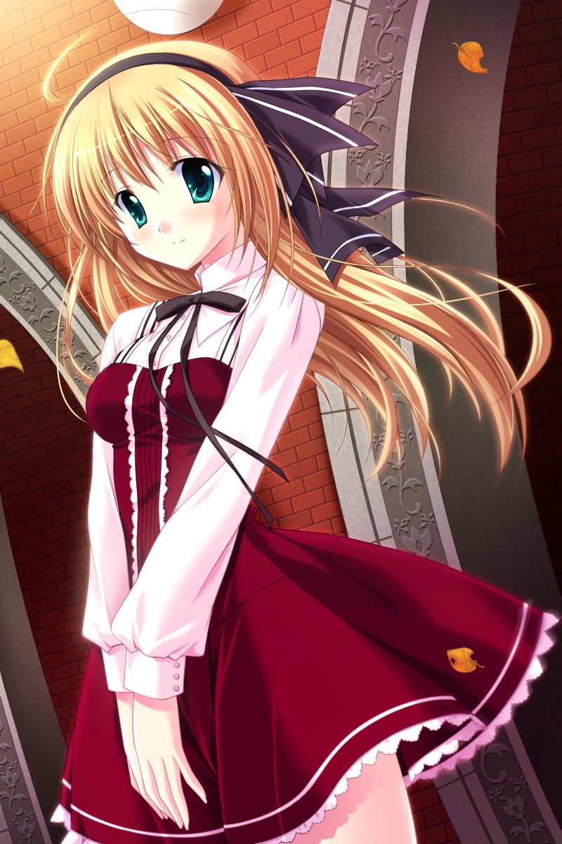 choco chip, touhouin shizuka, atelier kaguya, prima stella, game cg, highres, non-web source, 1girl, aqua eyes, blonde hair, dress, female focus, frills, green eyes, hairband, long hair, solo