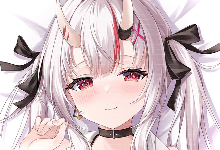 zi yue liuli, nakiri ayame, poyoyo (nakiri ayame), hololive, dakimakura (medium), hair between horns, horns, oni, virtual youtuber