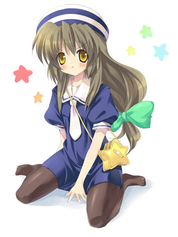 paco, ibuki fuuko, okazaki ushio, clannad, 1girl, :<, bag, black hair, bow, brown eyes, brown hair, cosplay, dress, female focus, hair bow, handbag, hat, long hair, okazaki ushio (cosplay), pantyhose, sailor dress, school uniform, solo, starfish