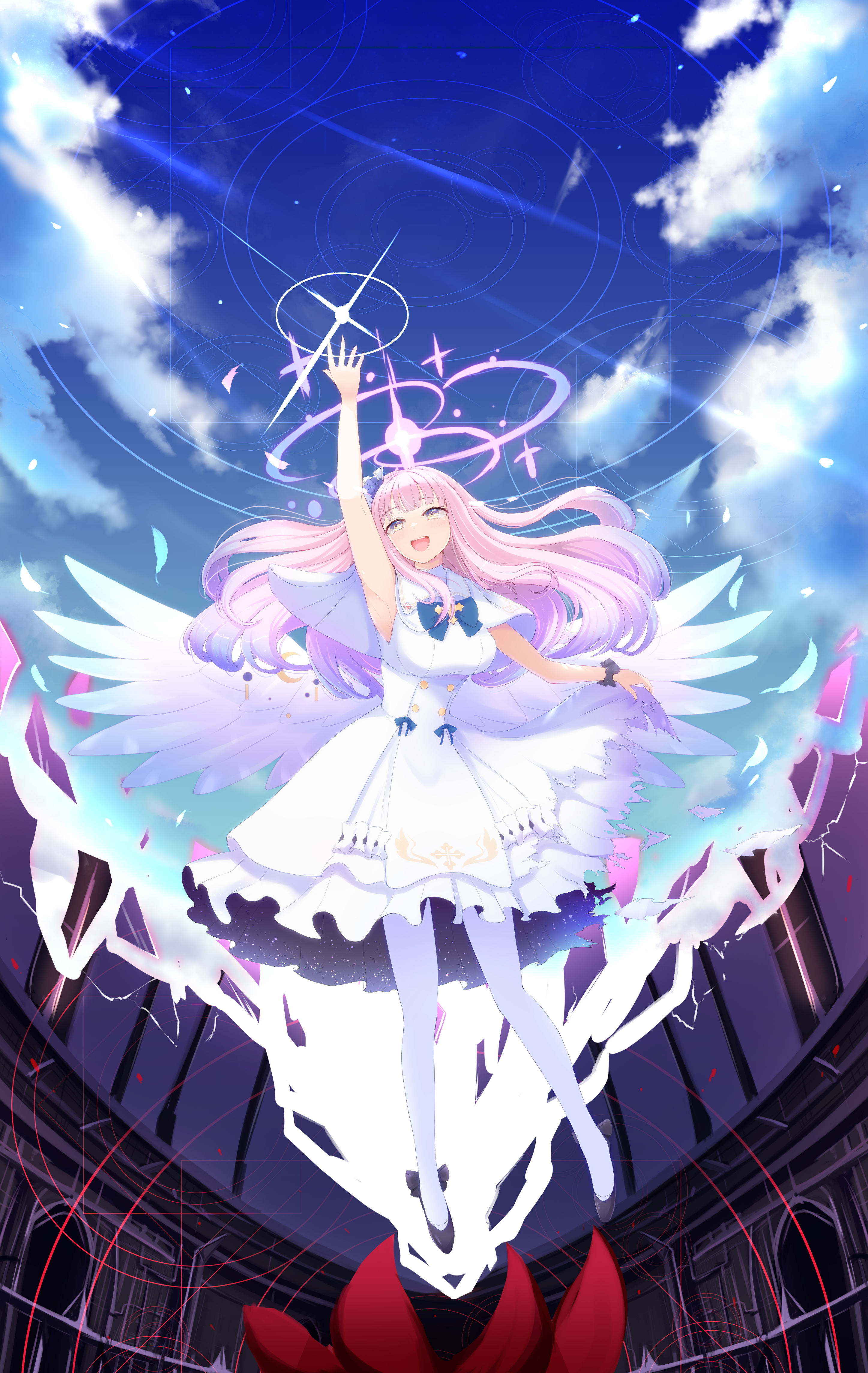 hijiki senpai, mika (blue archive), blue archive, absurdres, commentary request, highres, 1girl, angel wings, arm up, armpits, blue bow, blue sky, bow, breasts, buttons, capelet, cloud, crescent, double-breasted, dress, falling feathers, feathered wings, feathers, flower, frilled skirt, frills, hair flower, hair ornament, halo, high heels, long hair, looking up, low wings, medium breasts, pantyhose, pink hair, pink halo, pumps, purple eyes, scrunchie, skirt, sky, sleeveless, sleeveless dress, smile, solo, very long hair, white capelet, white dress, white feathers, white pantyhose, white wings, wings, wrist scrunchie