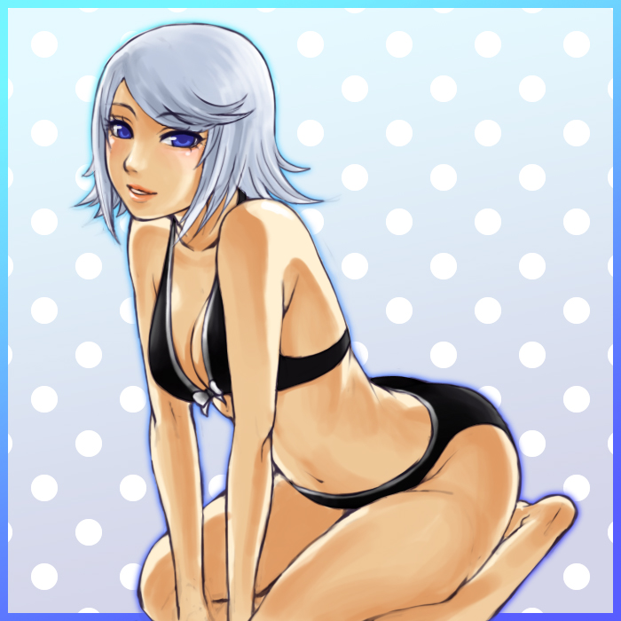cka, murasaki (ekyu), raine sage, tales of (series), tales of symphonia, silver hair, 00s, 1girl, all fours, barefoot, bikini, black bikini, blue eyes, breasts, cleavage, female focus, short hair, sitting, smile, solo, swimsuit