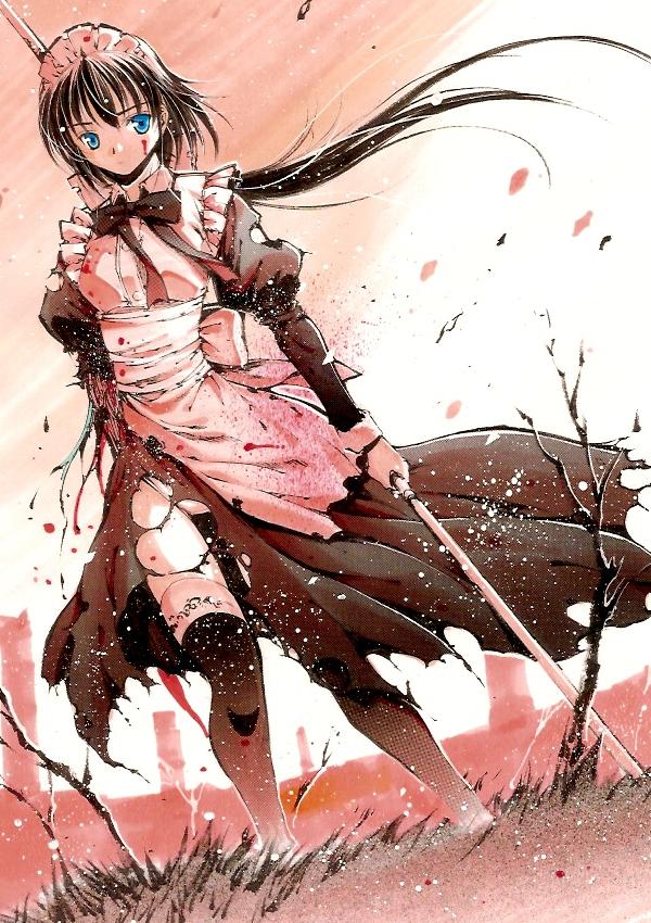 moonsorrow, original, bad id, bad pixiv id, apron, black thighhighs, blood, blue eyes, combat maid, hairband, long hair, maid, maid apron, ponytail, solo, thighhighs, torn clothes, very long hair, weapon