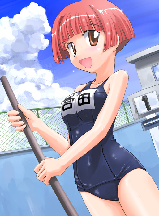 tanada-bon, miyata akira, pani poni dash!, 00s, 1girl, :d, brown eyes, chain-link fence, cleaning, empty pool, female focus, fence, mop, name tag, one-piece swimsuit, open mouth, pool, red hair, school swimsuit, short hair, smile, solo, swimsuit