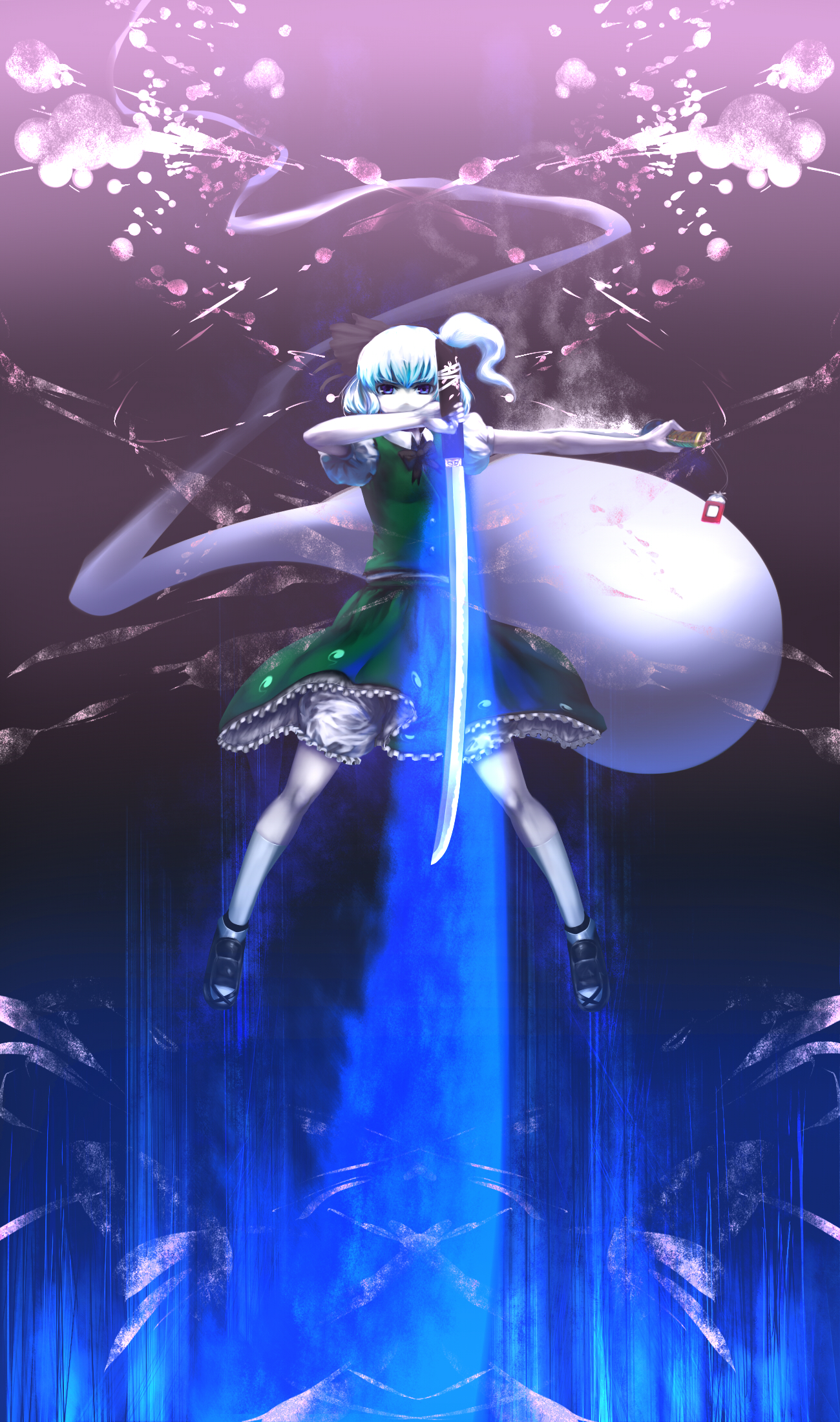 kyupiin (izakaya), konpaku youmu, konpaku youmu (ghost), touhou, silver hair, bad id, bad pixiv id, highres, 1girl, bloomers, blue eyes, dual wielding, female focus, hairband, hitodama, holding, izakaya, katana, short hair, socks, solo, sword, tanto, underwear, vest, weapon