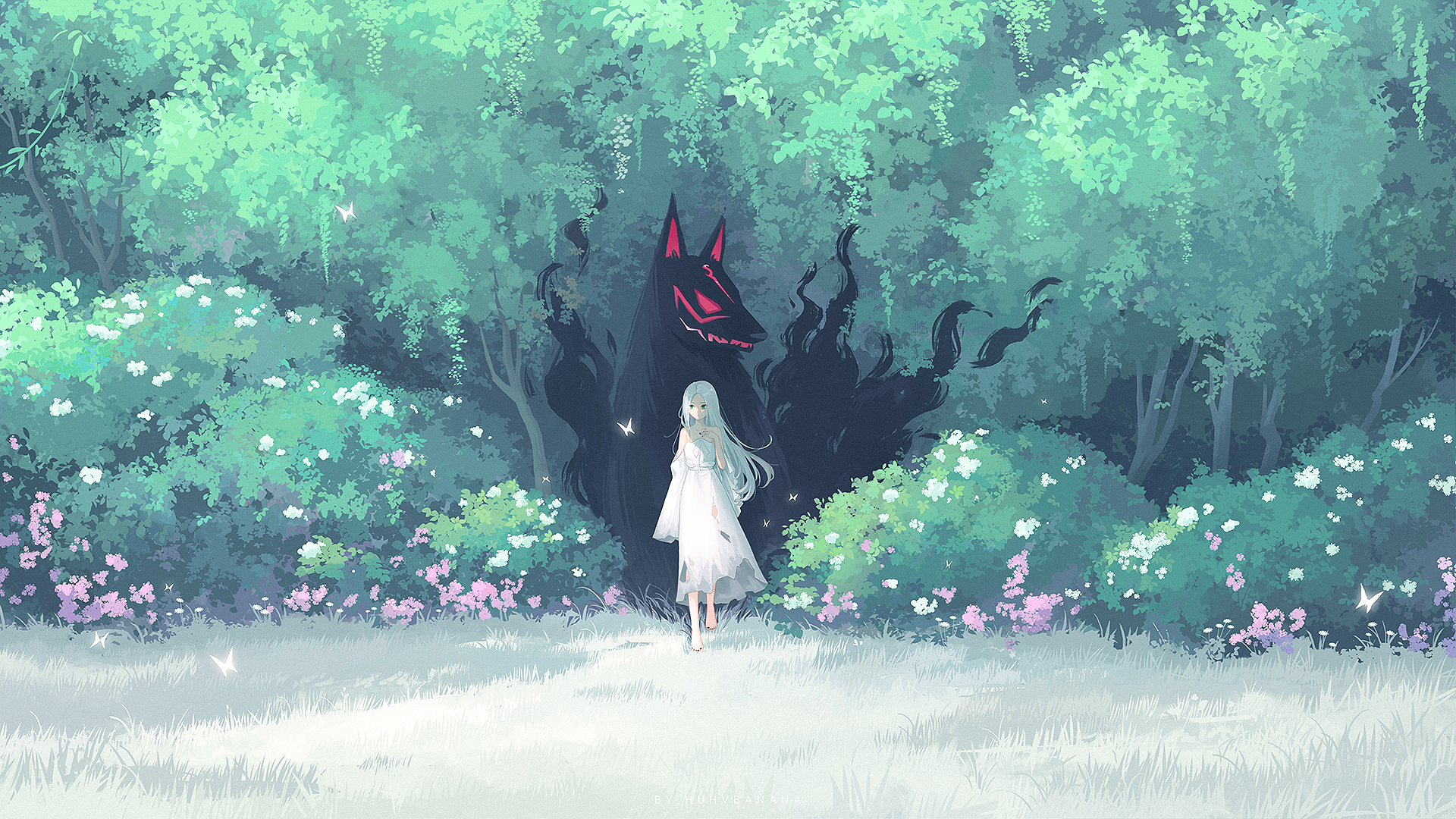 huhv., original, commentary, commission, highres, pixiv commission, 1girl, barefoot, borrowed character, bug, bush, butterfly, day, dress, field, flower, forest, grey hair, hand up, insect, long hair, monster, nature, outdoors, pink flower, sleeveless, sleeveless dress, solo, straight hair, torn clothes, torn dress, tree, very long hair, walking, white dress, wide shot