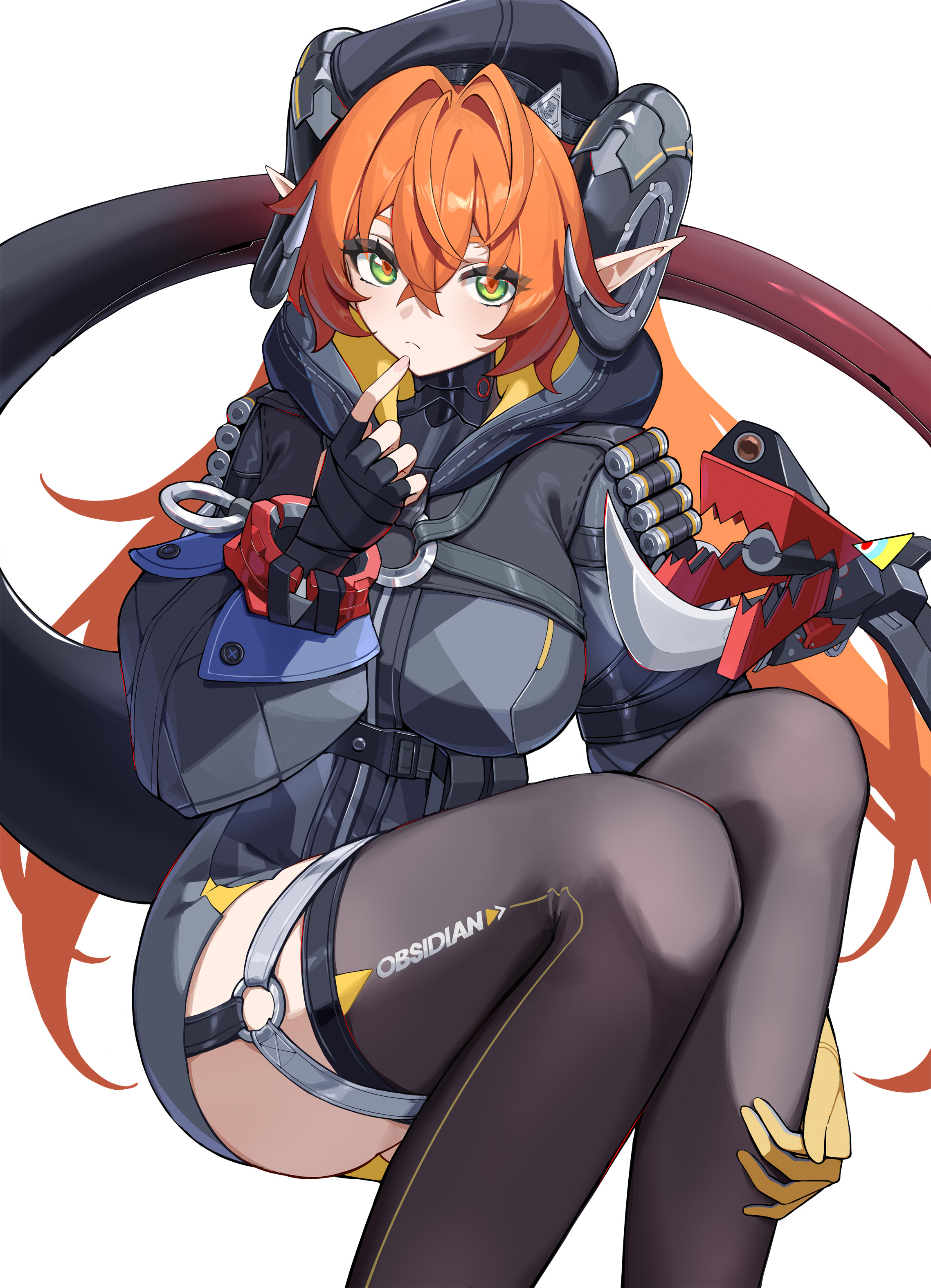 kazezz, magus (zenless zone zero), orphie magnusson, zenless zone zero, absurdres, highres, 1girl, asymmetrical gloves, black horns, black thighhighs, breasts, dragon girl, dragon horns, dress, fingerless gloves, gloves, horns, knees up, large breasts, long hair, looking at viewer, mechanical horns, mechanical tail, mismatched gloves, orange hair, orange pupils, single fingerless glove, solo, tail, thighhighs, white background, yellow gloves, zipper dress