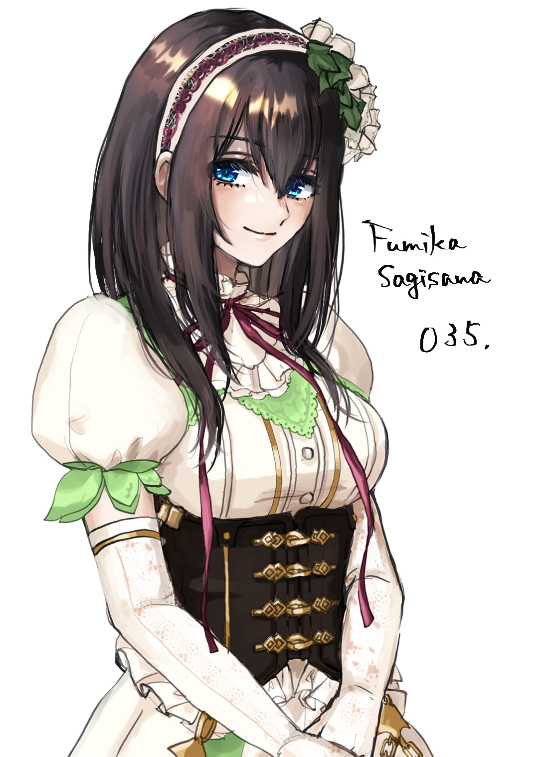 shinogugu, sagisawa fumika, idolmaster, idolmaster cinderella girls, highres, 1girl, black hair, blouse, blue eyes, breasts, hair between eyes, hair ornament, hairband, large breasts, long hair, shirt, white shirt