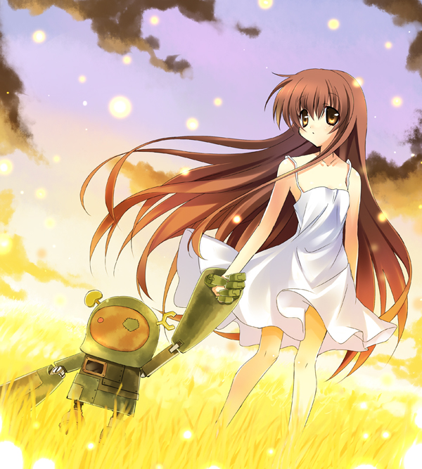 paco, garbage doll, girl from the illusionary world, clannad, 00s, brown eyes, brown hair, dress, dutch angle, grass, holding hands, long hair, robot, sparkle