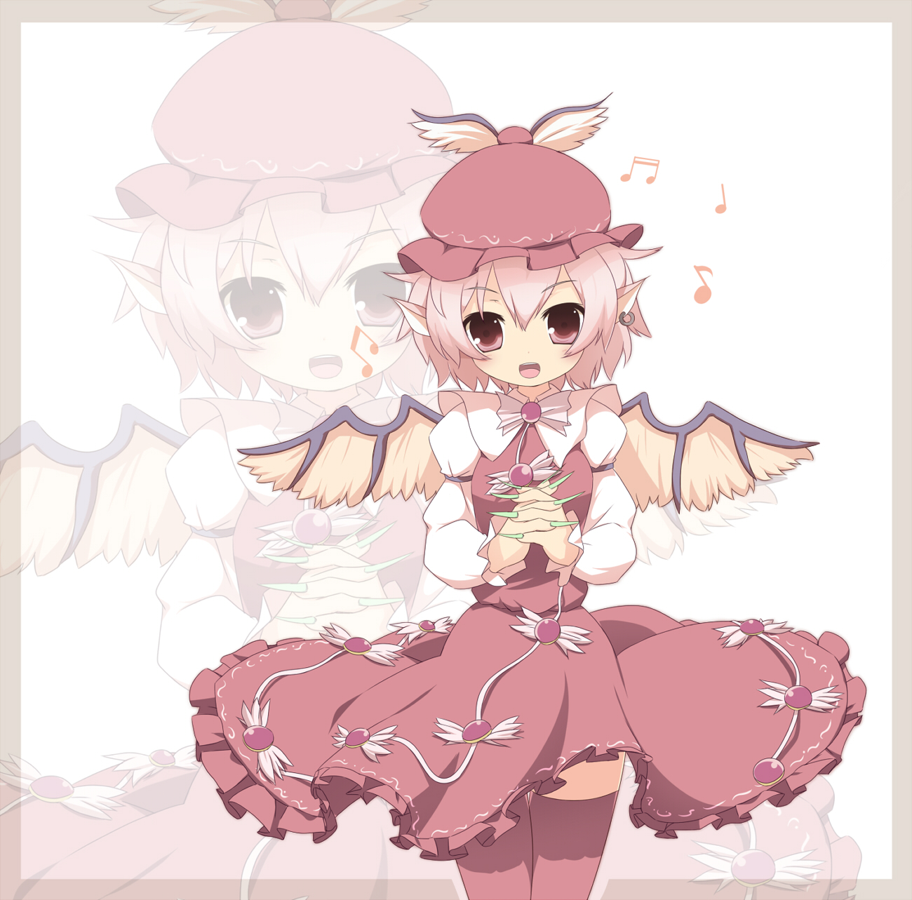 miko machi, mystia lorelei, touhou, highres, 1girl, dress, female focus, fingernails, green nails, long fingernails, music, musical note, nail (hardware), nail polish, pointy ears, singing, solo, thighhighs, wings, zettai ryouiki, zoom layer