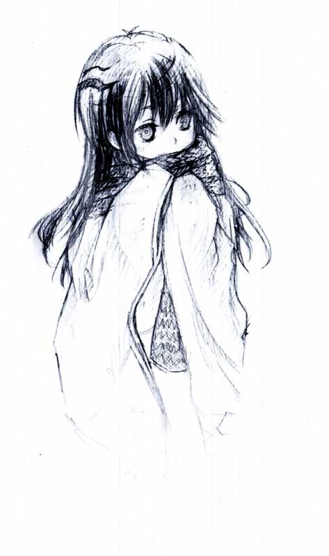 benino, yuki onna (nurarihyon no mago), nurarihyon no mago, 1girl, black hair, female focus, greyscale, japanese clothes, kimono, long hair, looking back, monochrome, scarf, sketch, snow, solo, white background, yuki onna