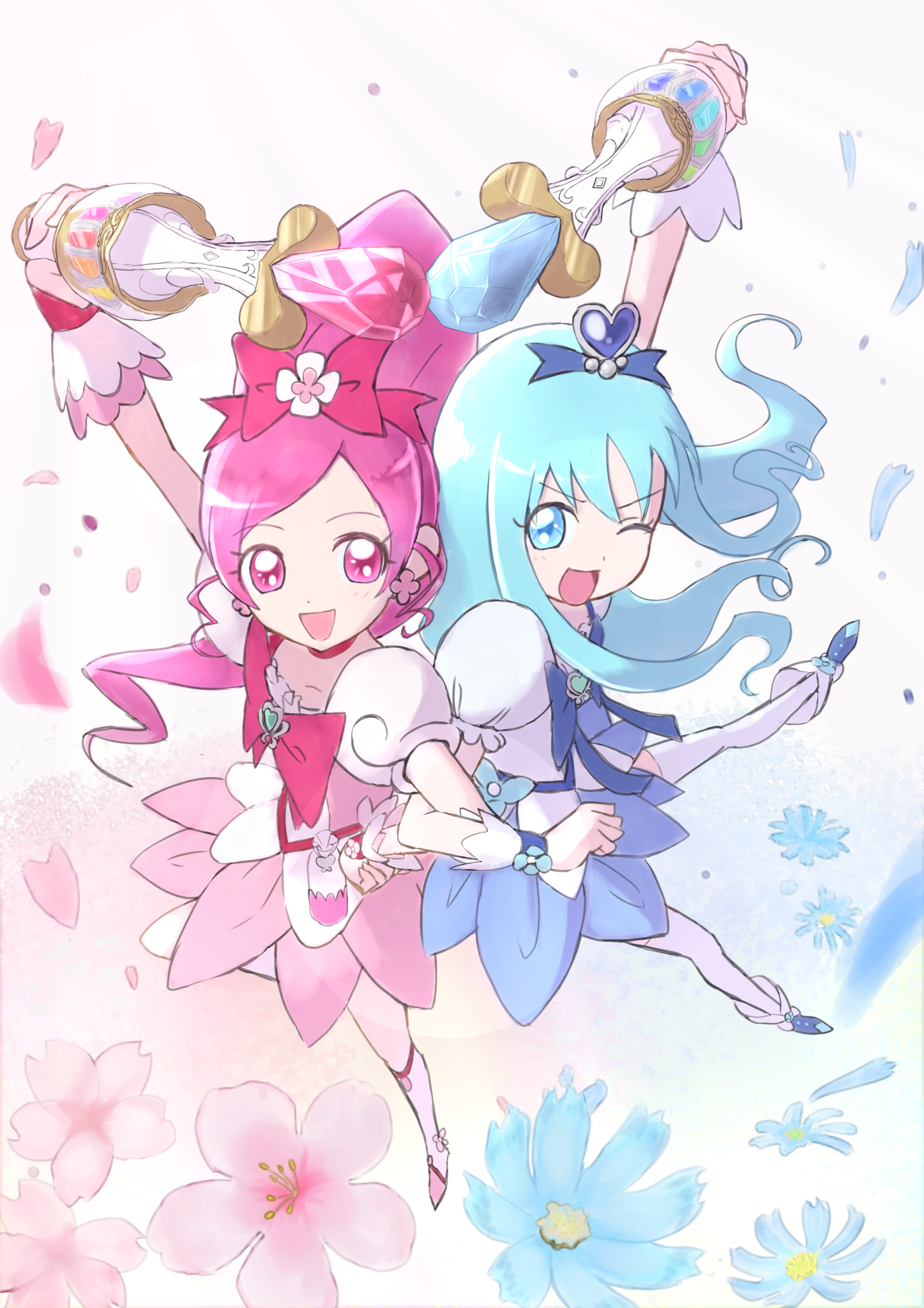 arema, cure blossom, cure marine, hanasaki tsubomi, kurumi erika, heartcatch precure!, precure, commentary, highres, 2girls, :d, ;d, ankle boots, arm up, back-to-back, blue boots, blue bow, blue dress, blue eyes, blue flower, blue hair, blue petals, blue wrist cuffs, boots, bow, brooch, cherry blossoms, chest bow, choker, clenched hand, collarbone, curly sidelocks, dot nose, dress, earrings, floral background, floral dress, flower, flower earrings, flower tact, frilled sleeves, frilled wrist cuffs, frills, from above, furrowed brow, hair bow, hair ornament, hand on own hip, heart, heart brooch, heart hair ornament, high ponytail, holding, holding wand, jewelry, knee up, legs apart, locked arms, long hair, looking at another, magical girl, multicolored dress, multiple girls, one eye closed, open mouth, parted bangs, petals, pink boots, pink bow, pink choker, pink dress, pink eyes, pink petals, pink wrist cuffs, ponytail, puffy short sleeves, puffy sleeves, short dress, short sleeves, simple background, smile, thighhighs, two-tone dress, very long hair, wand, wavy hair, white background, white dress, white thighhighs, wrist cuffs