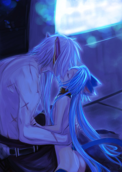 doraeshi, arumat p. thanatos, meracle chamlotte, star ocean, star ocean: the last hope, 1boy, 1girl, animal ears, ass, blue hair, blue theme, cat ears, cat tail, closed eyes, couple, dark, ear covers, hetero, kiss, loli, long hair, low twintails, nude, scar, size difference, tail, topless female, topless male, twintails, very long hair