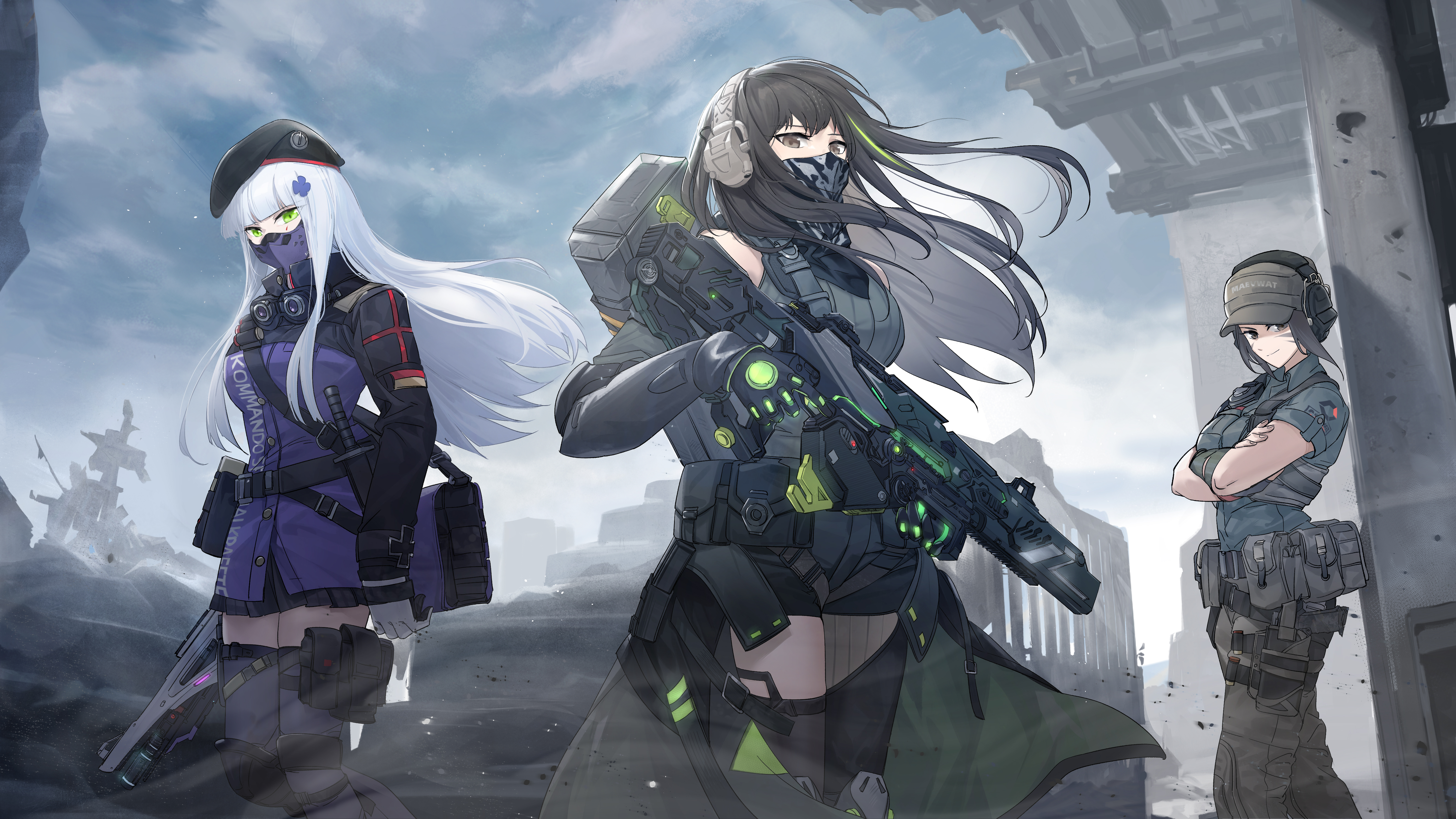 mush, dusk (call of duty: mobile), hk416 (girls' frontline), kestrel (call of duty: mobile), m4a1 (girls' frontline), m4a1 (mod3) (girls' frontline), urban tracker (call of duty: mobile), call of duty, call of duty: mobile, girls' frontline, absurdres, chinese commentary, commentary request, highres, 3girls, ammunition pouch, assault rifle, bandana, bandana over mouth, baseball cap, beret, black hair, brown eyes, brown hair, clothes around waist, cosplay, cowboy shot, crossed arms, facial mark, field cap, german flag, gloves, green eyes, green hair, grey hat, grey tank top, gun, hat, hk416 (girls' frontline) (cosplay), holding, jacket, jacket around waist, long hair, looking at viewer, m4a1 (girls' frontline) (cosplay), military operator, multicolored hair, multiple girls, outdoors, particle cannon case, pouch, print bandana, rifle, skull print, standing, streaked hair, tank top, tattoo, teardrop, teardrop facial mark, teardrop tattoo, trigger discipline, weapon, white hair