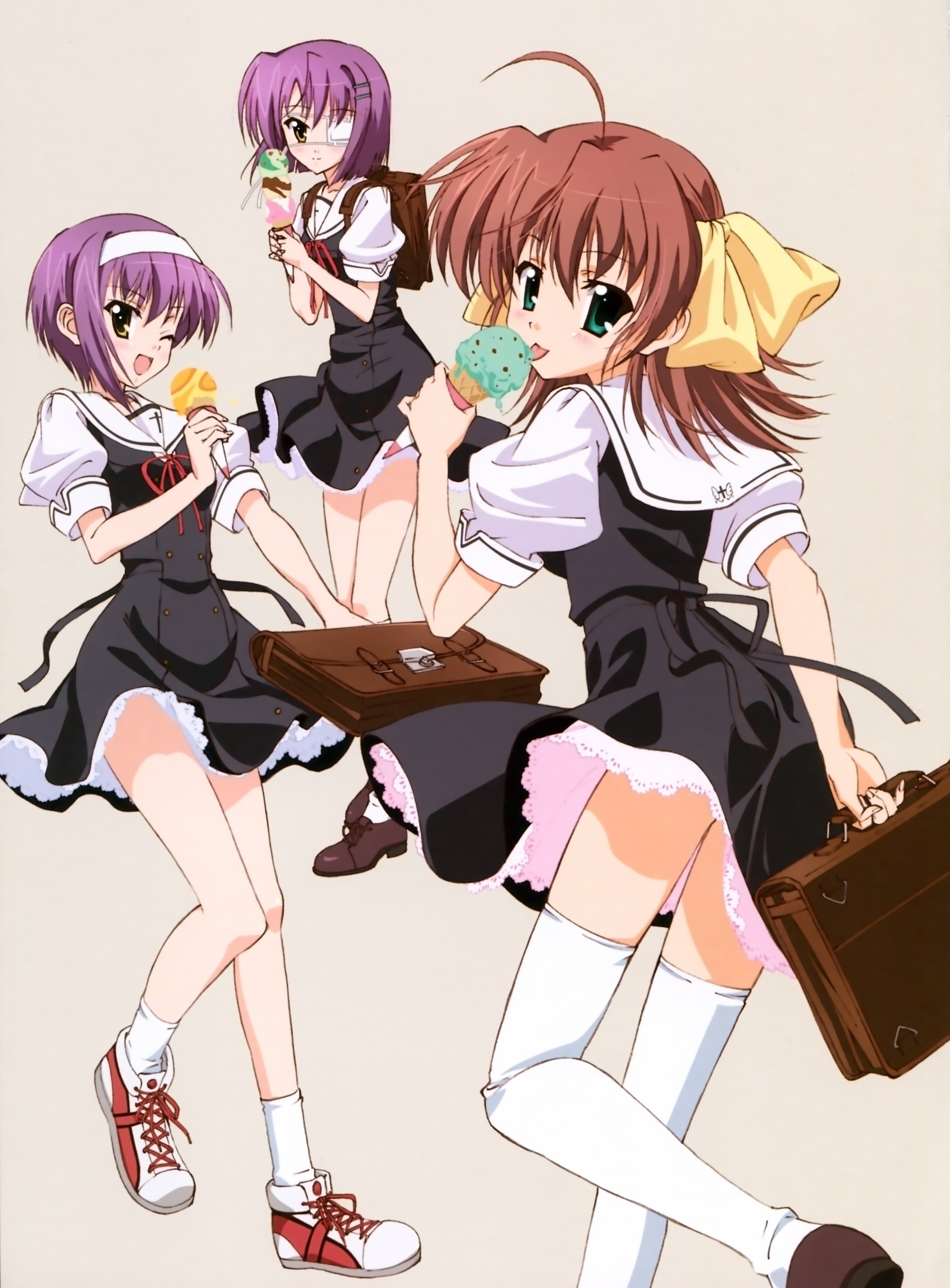 sugiyama nobuhiro, miyamura miyako, shindou chihiro, shindou kei (ef), ef (visual novel), absurdres, highres, non-web source, 00s, 3girls, ;d, bag, brown hair, eyepatch, food, green eyes, hair ribbon, hairband, ice cream, legs, licking, long legs, multiple girls, one eye closed, open mouth, purple hair, ribbon, school bag, school uniform, serafuku, short hair, smile, socks, thighhighs, tongue, wink, yellow eyes