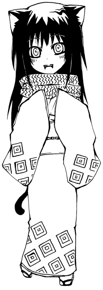 kadeart, yuki onna (nurarihyon no mago), nurarihyon no mago, 1girl, animal ears, black hair, blush, cat ears, cat girl, cat tail, female focus, full body, greyscale, japanese clothes, kimono, long hair, monochrome, scarf, simple background, snow, solo, tail, white background, yellow eyes, yuki onna