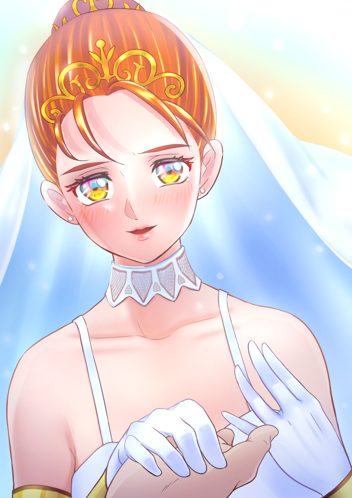 kikopoko11, jessica albert, dragon quest, dragon quest viii, 1girl, bare shoulders, bridal veil, bride, choker, collarbone, dress, gloves, hair bun, holding hands, looking at viewer, orange eyes, orange hair, pov, pov hands, solo focus, tiara, upper body, veil, wedding dress, white choker, white dress, white gloves, white veil