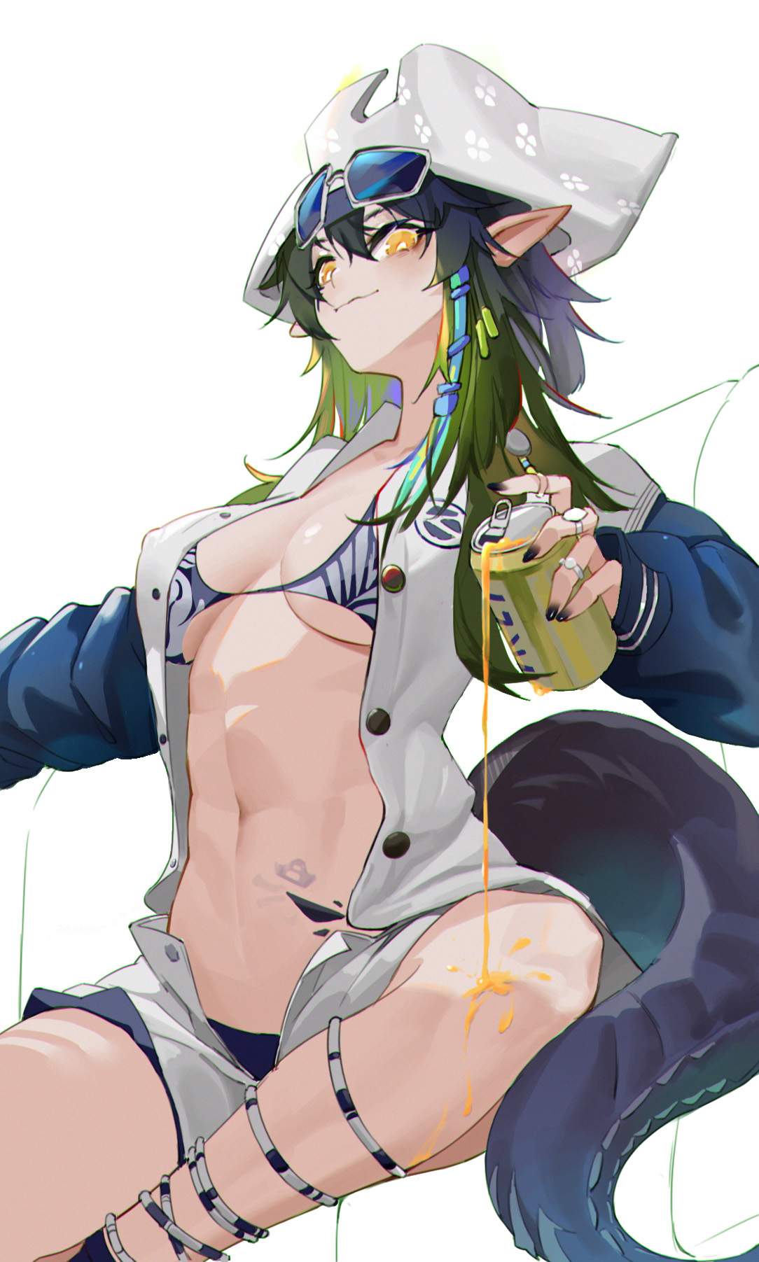 aaakira (sk bogi), gavial (arknights), gavial the invincible (arknights), gavial the invincible (holiday) (arknights), arknights, highres, 1girl, abs, anklet, bikini, breasts, can, crocodilian tail, eyewear on head, green hair, hat, holding, holding can, jacket, jewelry, letterman jacket, long hair, looking at viewer, navel, official alternate costume, pointy ears, pouring, ring, shorts, simple background, smile, solo, sunglasses, swimsuit, tail, white background, white hat, yellow eyes