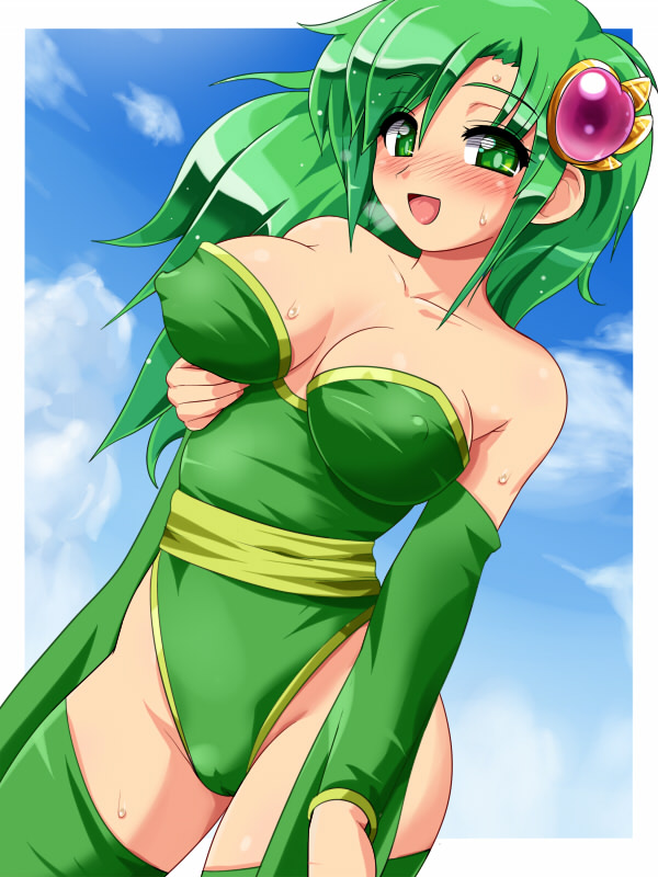konpeto, rydia (adult) (ff4), rydia (ff4), final fantasy, final fantasy iv, 1990s (style), 1girl, aged up, bare shoulders, blush, breast lift, breasts, cleavage, covered erect nipples, detached sleeves, female focus, green eyes, green hair, hair ornament, large breasts, leotard, long hair, matching hair/eyes, naughty face, open mouth, retro artstyle, smile, solo, sweat, thighhighs