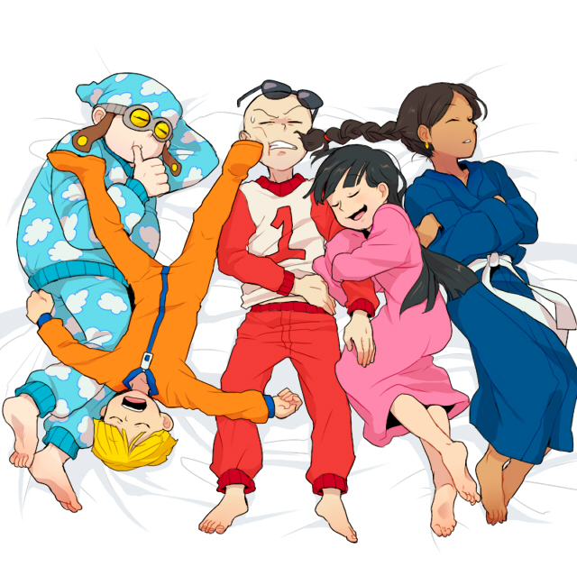t k g, numbuh 1, numbuh 2, numbuh 3, numbuh 4, numbuh 5, codename: kids next door, commentary request, 2girls, 3boys, arm hug, bald, barefoot, black hair, blonde hair, braid, cheek poking, clenched teeth, closed eyes, crossed arms, dark skin, earrings, everyone, from above, hat, jewelry, long hair, lying, multiple boys, multiple girls, nightcap, nightgown, on back, on side, open mouth, pajamas, parted lips, poking, sash, sleeping, sunglasses, sweatdrop, teeth, thumb sucking, unworn eyewear, upside-down, wavy mouth