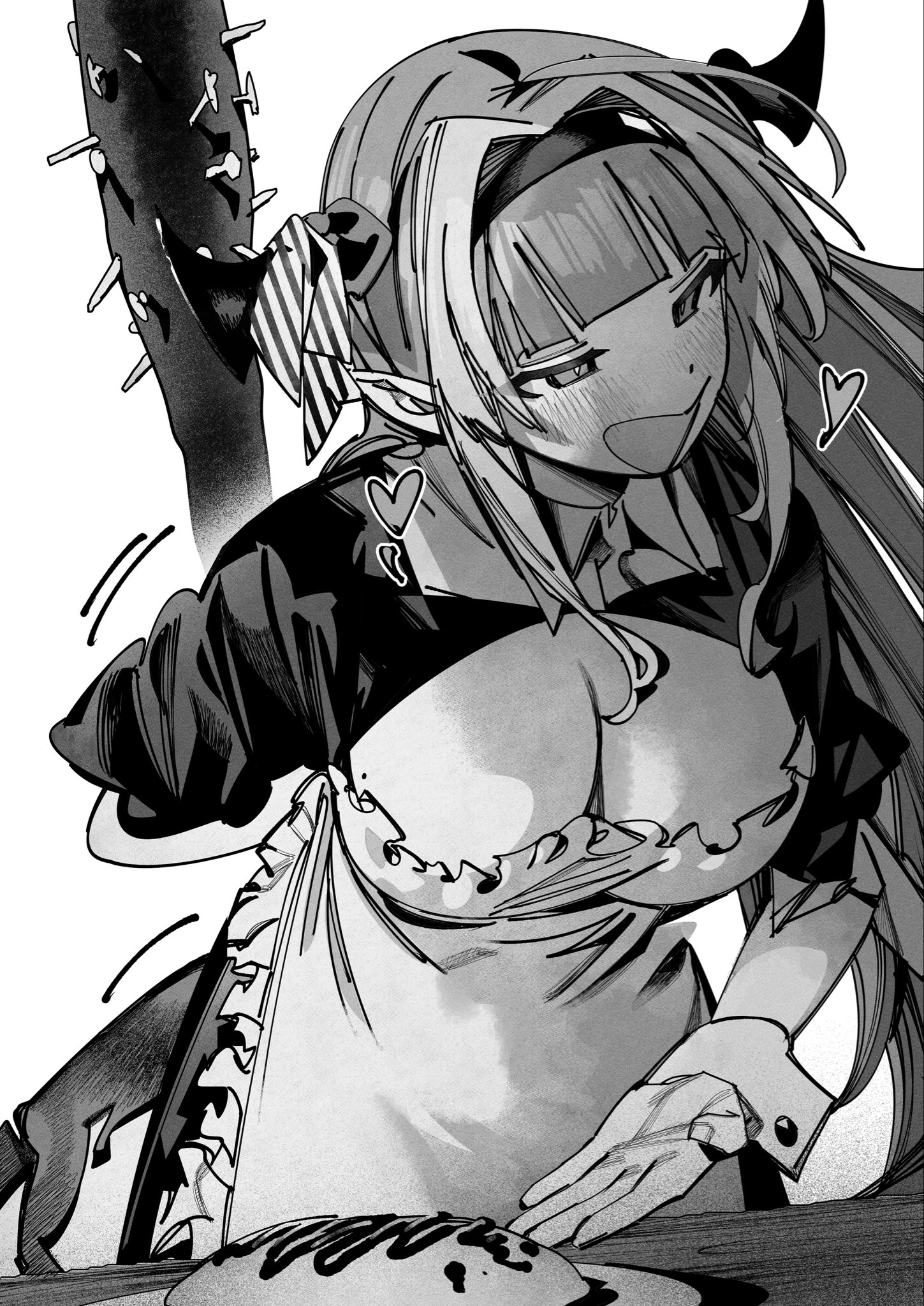 xiaoju xiaojie, kiryu coco, hololive, commentary, english commentary, highres, 1girl, :d, ahoge, apron, arm behind back, blush, breasts, cleavage, club, club (weapon), diagonal-striped ribbon, dragon girl, dragon horns, dress, food, frilled apron, frills, greyscale, hair intakes, hairband, heart, holding, holding behind back, holding club, holding weapon, holding weapon behind back, horn ornament, horn ribbon, horns, ketchup, leaning forward, long hair, low neckline, maid, maid apron, mole, mole on breast, monochrome, motion lines, omelet, omurice, open mouth, plate, pointy ears, puffy short sleeves, puffy sleeves, ribbon, short sleeves, simple background, smile, solo, spiked club, straight hair, table, very long hair, virtual youtuber, weapon, white background, wing collar, wrist cuffs