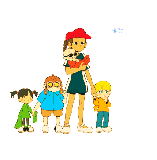 t k g, numbuh 1, numbuh 2, numbuh 3, numbuh 4, numbuh 5, codename: kids next door, commentary request, 2girls, 3boys, ^ ^, aged down, baby, bald, black hair, blonde hair, blush, braid, brown hair, closed eyes, clothes grab, dark skin, earrings, goggles, green eyes, hair bobbles, hair ornament, hat, holding hands, hood, hoodie, jewelry, long sleeves, multiple boys, multiple girls, pajamas, short twintails, shorts, skirt grab, sleeves past wrists, smile, standing, sunglasses, thumb sucking, twintails, white background