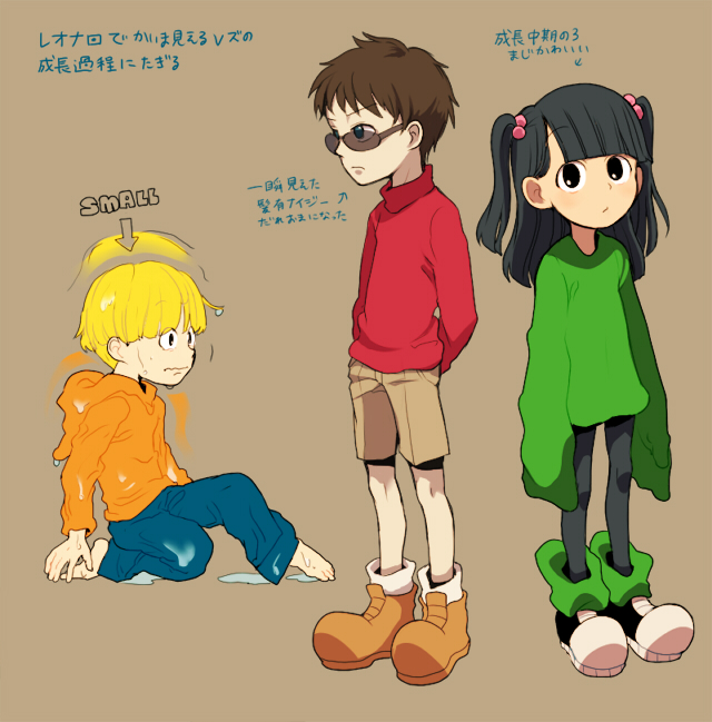 t k g, numbuh 1, numbuh 3, numbuh 4, codename: kids next door, commentary request, translation request, 1girl, 2boys, afterimage, alternate hair length, alternate hairstyle, arrow (symbol), barefoot, black hair, black pantyhose, blonde hair, blunt bangs, boots, brown background, brown hair, english text, full body, hair bobbles, hair ornament, hood, hoodie, light frown, long sleeves, looking at viewer, multiple boys, oversized clothes, pantyhose, shorts, simple background, sitting, sleeves past wrists, standing, two side up, wavy mouth, wet