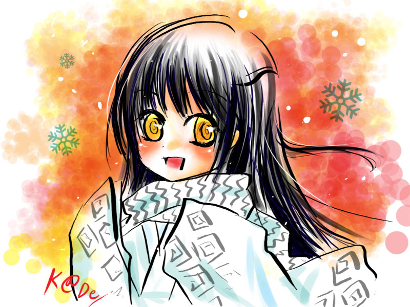 kadeart, yuki onna (nurarihyon no mago), nurarihyon no mago, 1girl, black hair, blush, female focus, gradient background, japanese clothes, kimono, long hair, ringed eyes, scarf, snow, solo, yellow eyes, yuki onna