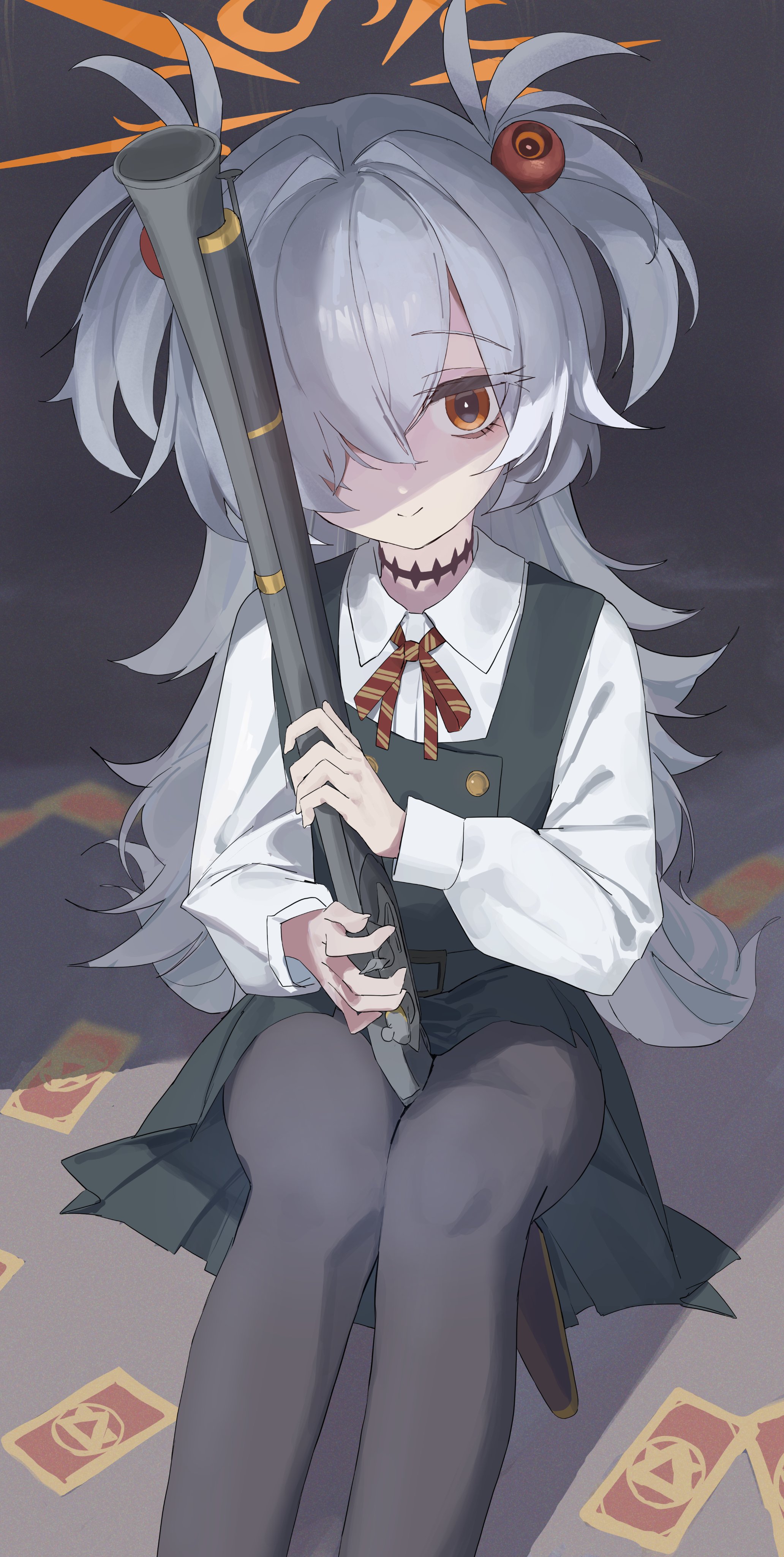 matcha (matttttya1), kanoe (blue archive), blue archive, absurdres, commentary request, highres, 1girl, antique firearm, black background, black eyes, black pantyhose, blunderbuss, brown eyes, collar, collared shirt, dress, feet out of frame, firearm, green dress, gun, gun between thighs, hair over one eye, halo, holding, holding gun, holding weapon, light smile, long hair, long sleeves, multicolored eyes, multicolored ribbon, neck ribbon, on floor, orange halo, pantyhose, red ribbon, ribbon, shirt, sidelocks, simple background, sitting, solo, two-tone eyes, two-tone ribbon, weapon, white collar, white hair, white shirt, yellow ribbon