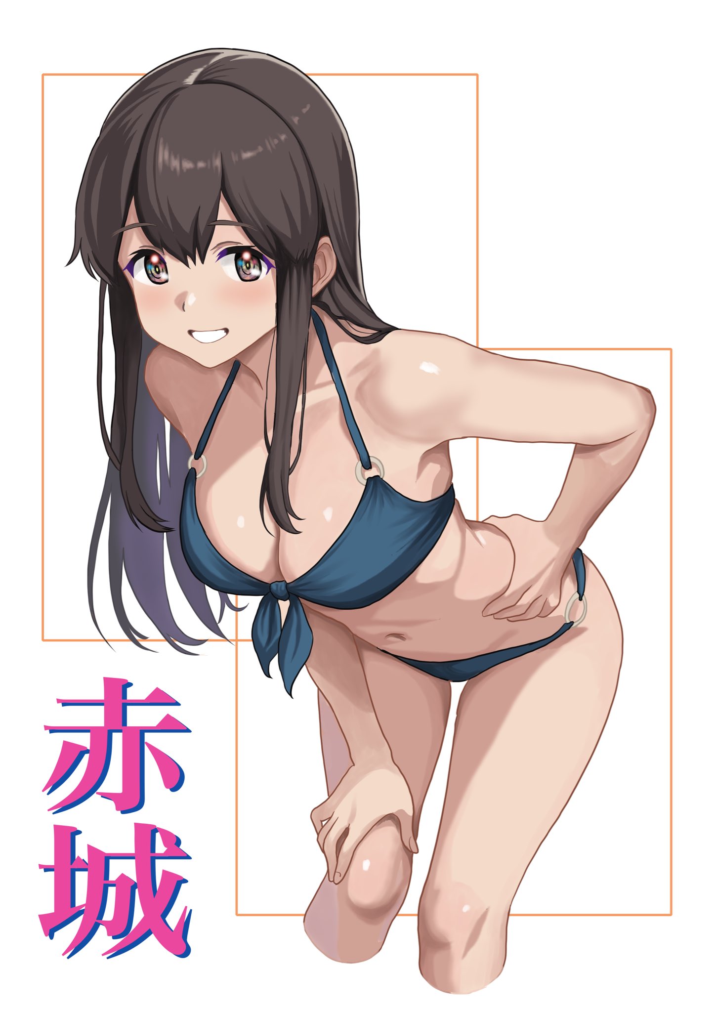 pele maniax, akagi (kancolle), kantai collection, highres, 1girl, bikini, black hair, blue bikini, breasts, brown eyes, character name, cleavage, feet out of frame, front-tie bikini top, front-tie top, hand on own knee, leaning forward, long hair, medium breasts, parted lips, solo, swimsuit, white background
