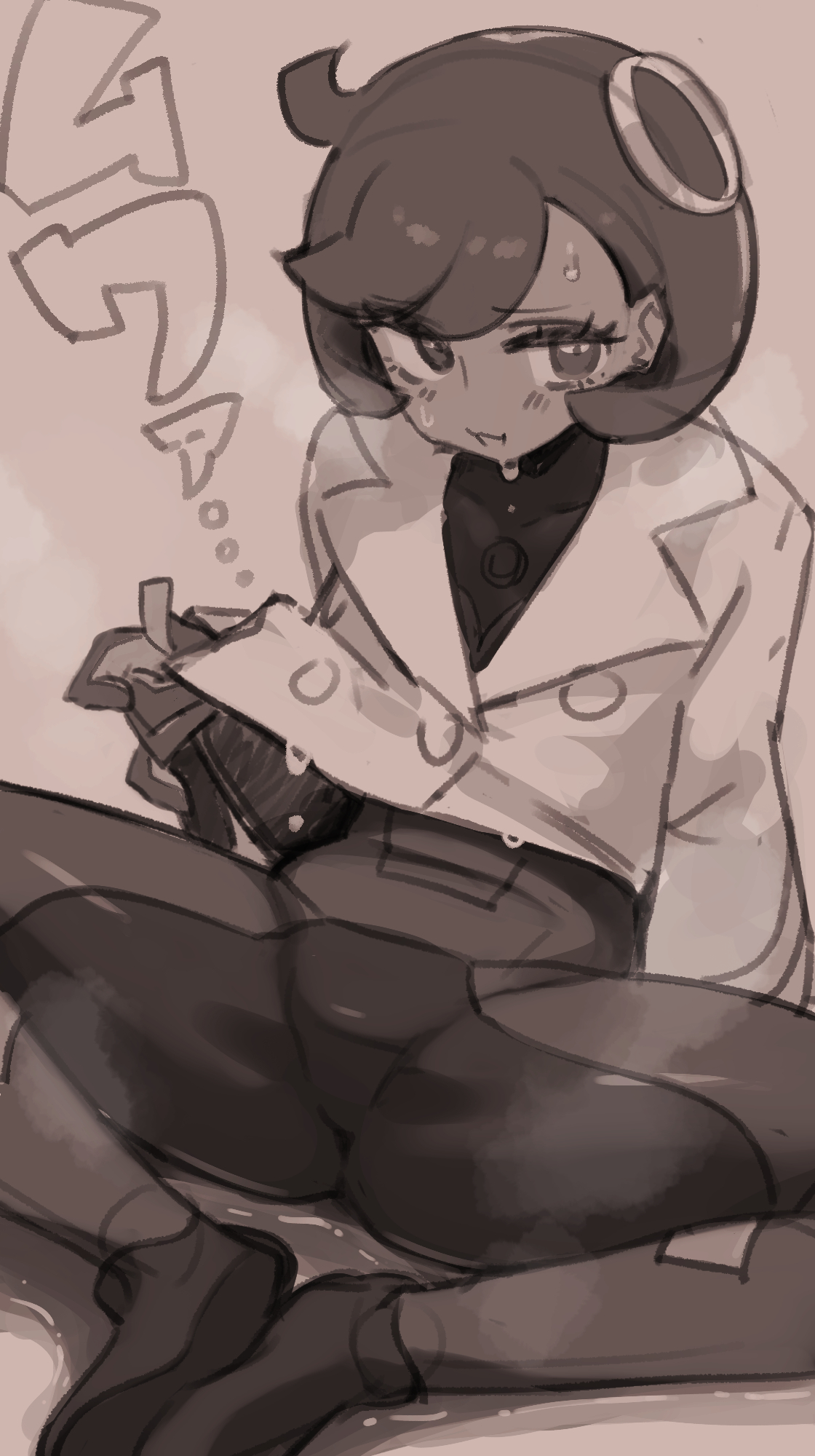kashu (hizake), emma (pokemon), nintendo, pokemon, pokemon legends: z-a, commentary, highres, translation request, 1girl, :3, black bodysuit, black hair, blush, bodysuit, bodysuit under clothes, covered collarbone, dark-skinned female, dark skin, gloves, hair between eyes, hair ornament, jacket, jacket tug, latex, latex bodysuit, looking at viewer, monochrome, open mouth, saliva, shoes, short hair, sidelocks, sitting, sketch, solo, spread legs, steaming body, sweat, swept bangs, wet