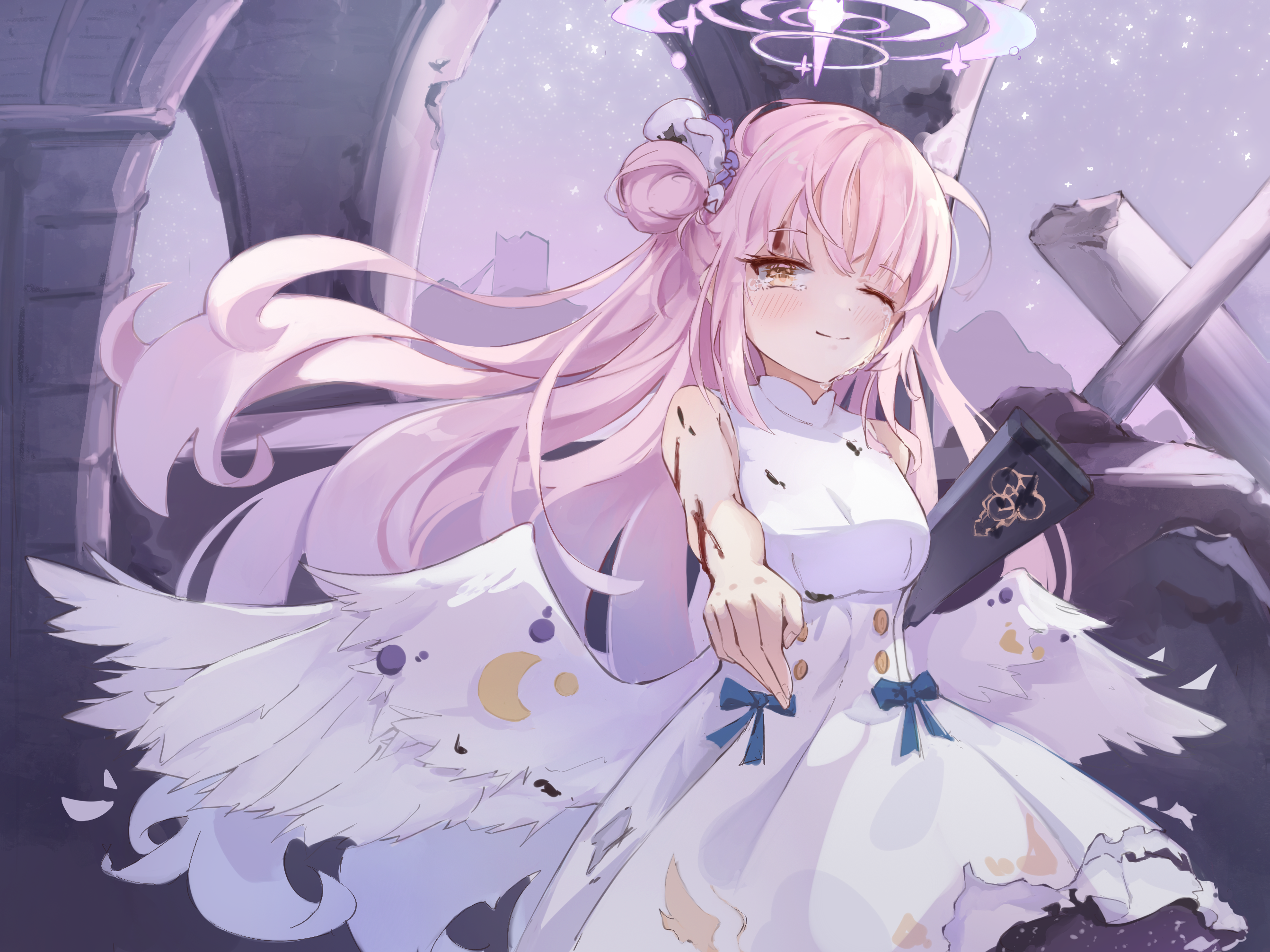 an jin yu jue, mika (blue archive), blue archive, commentary request, highres, 1girl, angel wings, aqua hair, blood, blush, breasts, buttons, closed mouth, crying, crying with eyes open, double-breasted, dress, feathered wings, flower, gradient hair, gun, hair bun, hair flower, hair ornament, holding, holding gun, holding weapon, injury, lanchester smg, long hair, looking at viewer, low wings, medium breasts, multicolored hair, one eye closed, pink hair, single hair bun, single side bun, sleeveless, sleeveless dress, smile, solo, streaming tears, submachine gun, tears, torn clothes, very long hair, weapon, white dress, white overskirt, white wings, wing ornament, wings, yellow eyes