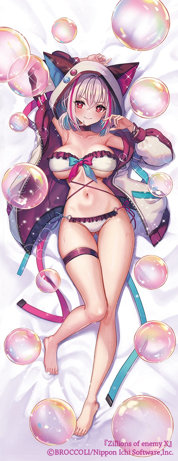 madopen, z/x, highres, official art, 1boy, animal ear headwear, aqua hair, armpits, bed sheet, bikini, breasts, bubble, choker, closed mouth, copyright notice, dakimakura (medium), fake animal ears, frilled bikini, frills, full body, grey hair, hood, hood up, hooded jacket, jacket, large breasts, lying, multicolored hair, on back, open clothes, open jacket, pink hair, purple choker, red eyes, smile, solo, sparkle, sweatdrop, swimsuit, thigh strap, white bikini, white jacket, yato urara