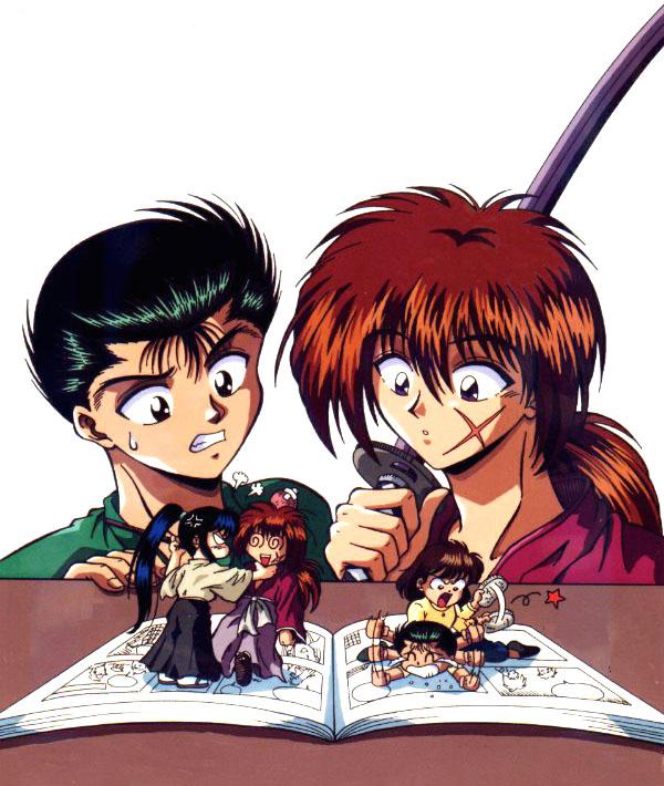 denise akemi, himura kenshin, kamiya kaoru, urameshi yuusuke, yukimura keiko, rurouni kenshin, yuu yuu hakusho, official art, 1990s (style), 2boys, 2girls, @ @, anger vein, bandaid, black hair, book, brown hair, chibi, crossover, head bump, long hair, multiple boys, multiple girls, open book, ponytail, reading, red hair, retro artstyle, scar, school uniform, star (symbol), sword, tears, trait connection, very long hair, weapon, white background