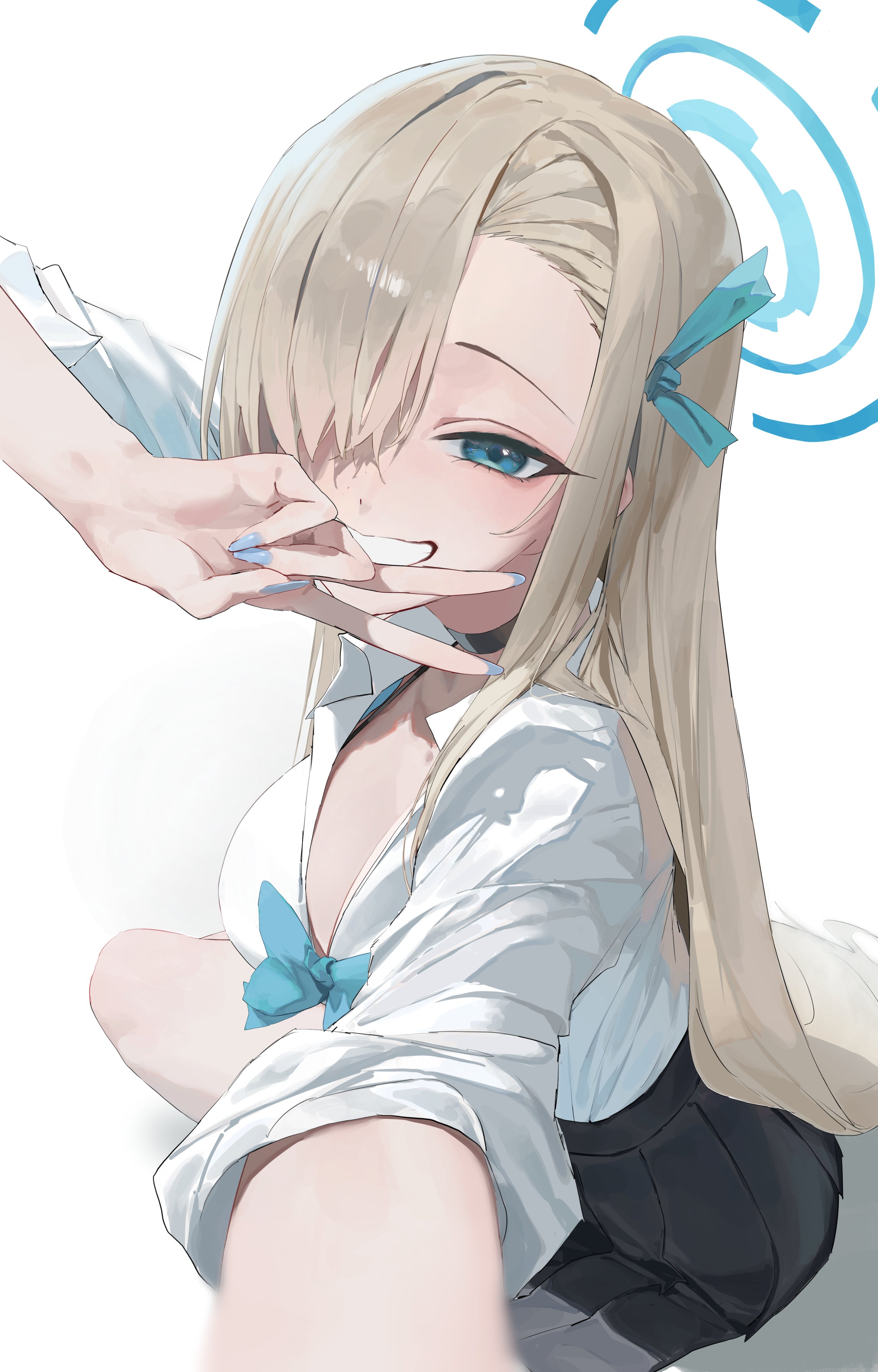 matcha (matttttya1), asuna (blue archive), asuna (school uniform) (blue archive), blue archive, absurdres, commentary request, highres, 1girl, aqua bow, aqua halo, arm up, black choker, black skirt, blonde hair, blue eyes, blue nails, bow, breasts, choker, fingernails, hair ornament, hair over one eye, halo, large breasts, long hair, long sleeves, looking at viewer, nail polish, school uniform, selfie, shirt, simple background, skirt, smile, solo, v, white background, white shirt
