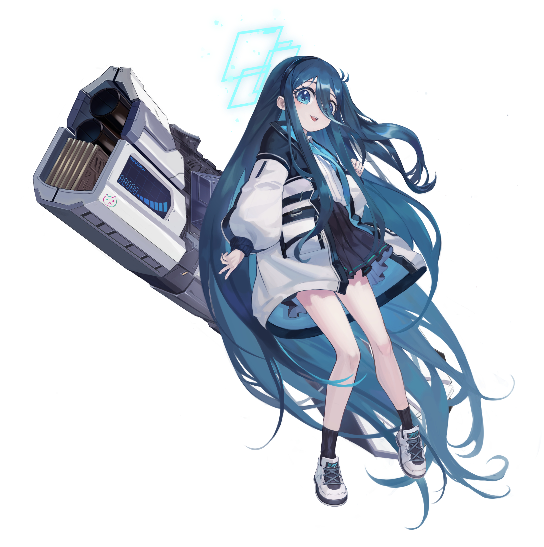 ne.corn, aris (blue archive), blue archive, highres, 1girl, absurdly long hair, black skirt, black socks, blue eyes, blue hair, blue halo, blue necktie, hair between eyes, halo, jacket, long hair, long hair between eyes, long sleeves, looking at viewer, necktie, pleated skirt, shoes, simple background, skirt, smile, socks, solo, very long hair, weapon, white background, white jacket, white shoes