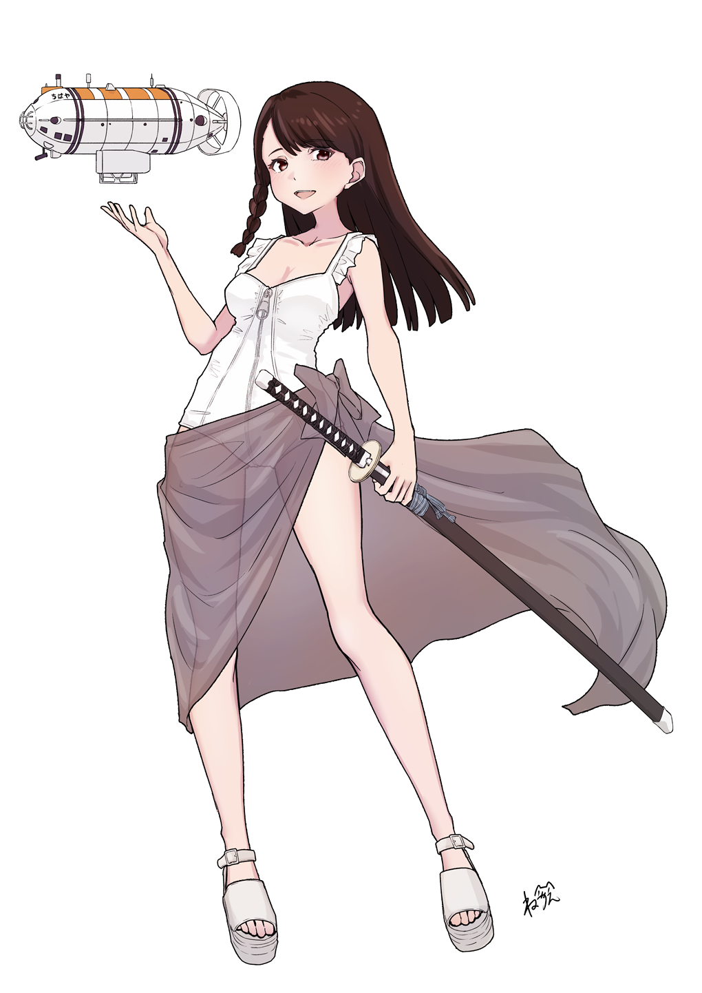 neve (morris-minicooper), japan maritime self-defense force, japan self-defense force, kantai collection, original, highres, 1girl, aircraft, black hair, braid, brown eyes, casual one-piece swimsuit, dirigible, frilled one-piece swimsuit, frills, grey sarong, js chihaya (asr-403), katana, long hair, looking at viewer, military, one-piece swimsuit, open-toe shoes, remote control vehicle, sarong, simple background, single braid, smile, solo, standing, swimsuit, sword, weapon, white background, white one-piece swimsuit, zipper pull tab